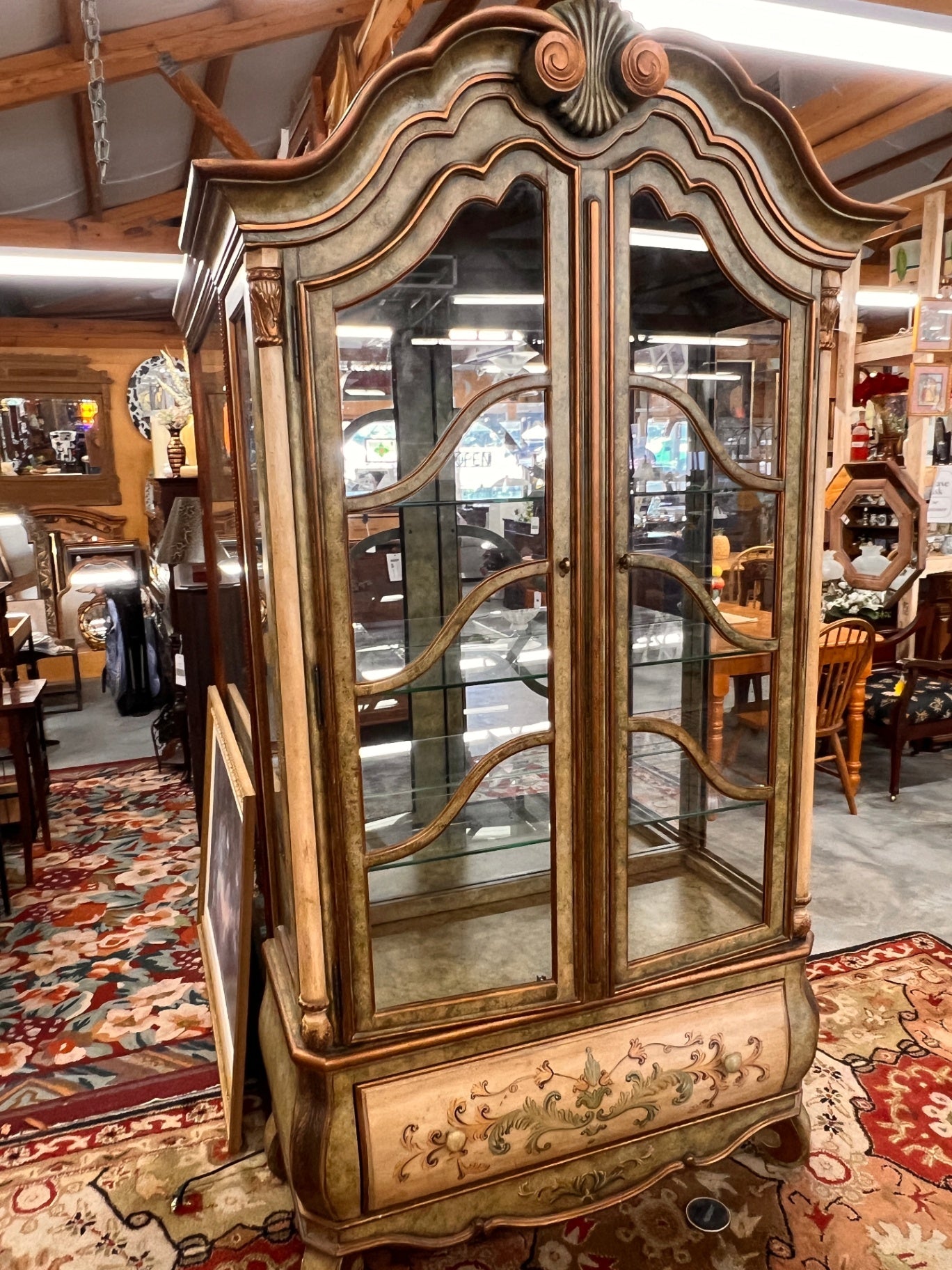 Italian Venetian Style Painted Curio Cabinet with Curved Glass Doors & Antiqued Finish Vitrine