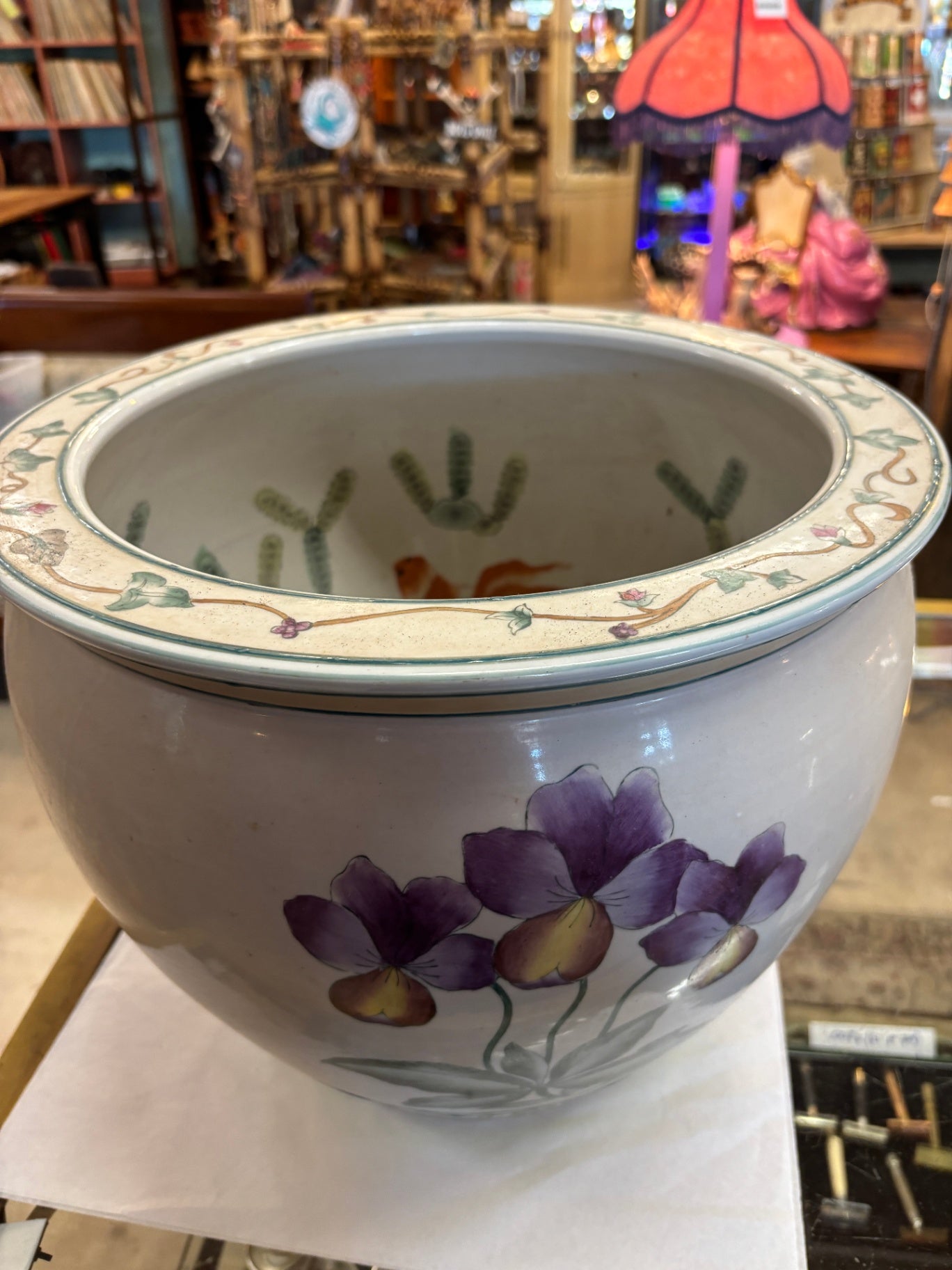  Large Ceramic Planter Featuring Purple Floral Motifs 