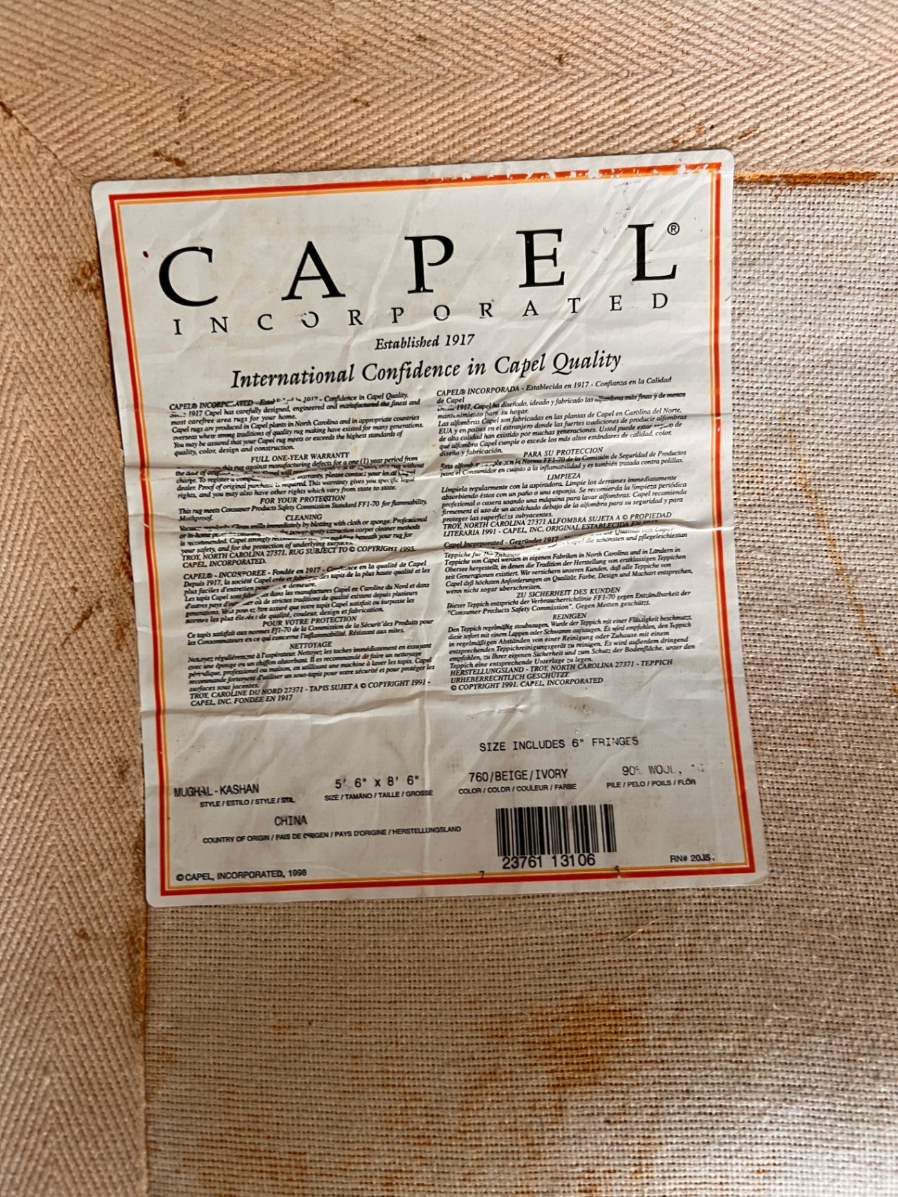 Capel Mughal Kashan 5'6" x 8'6" Wool Area Rug in Beige Ivory Persian Style Floral Carpet