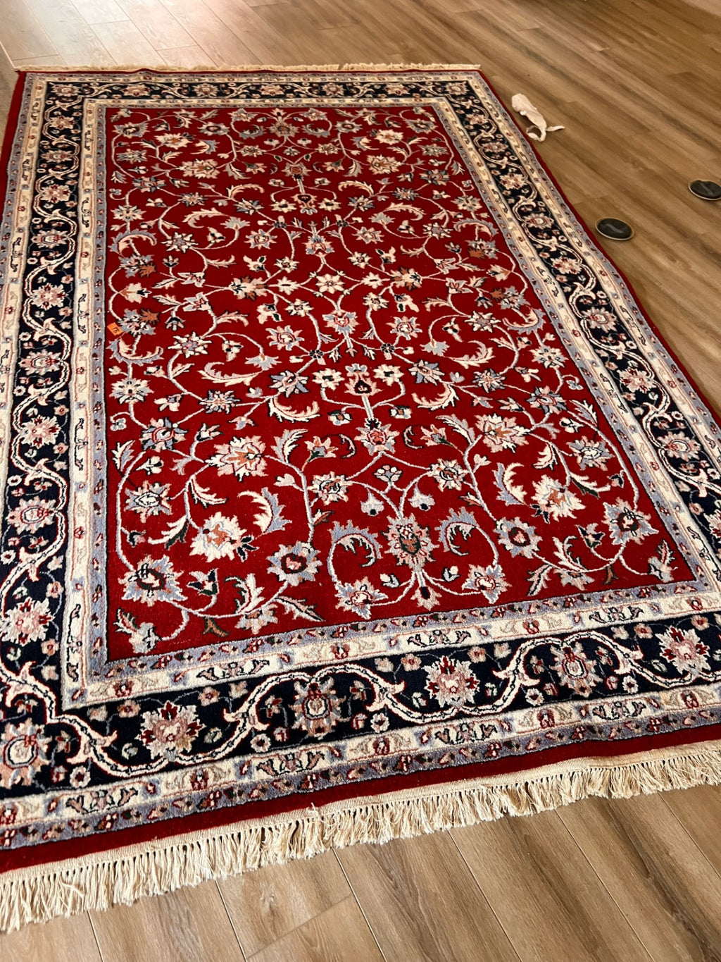 Large Indian Wool Persian Style Area Rug with Red Field & Navy Floral Border Kashan Inspired Carpet