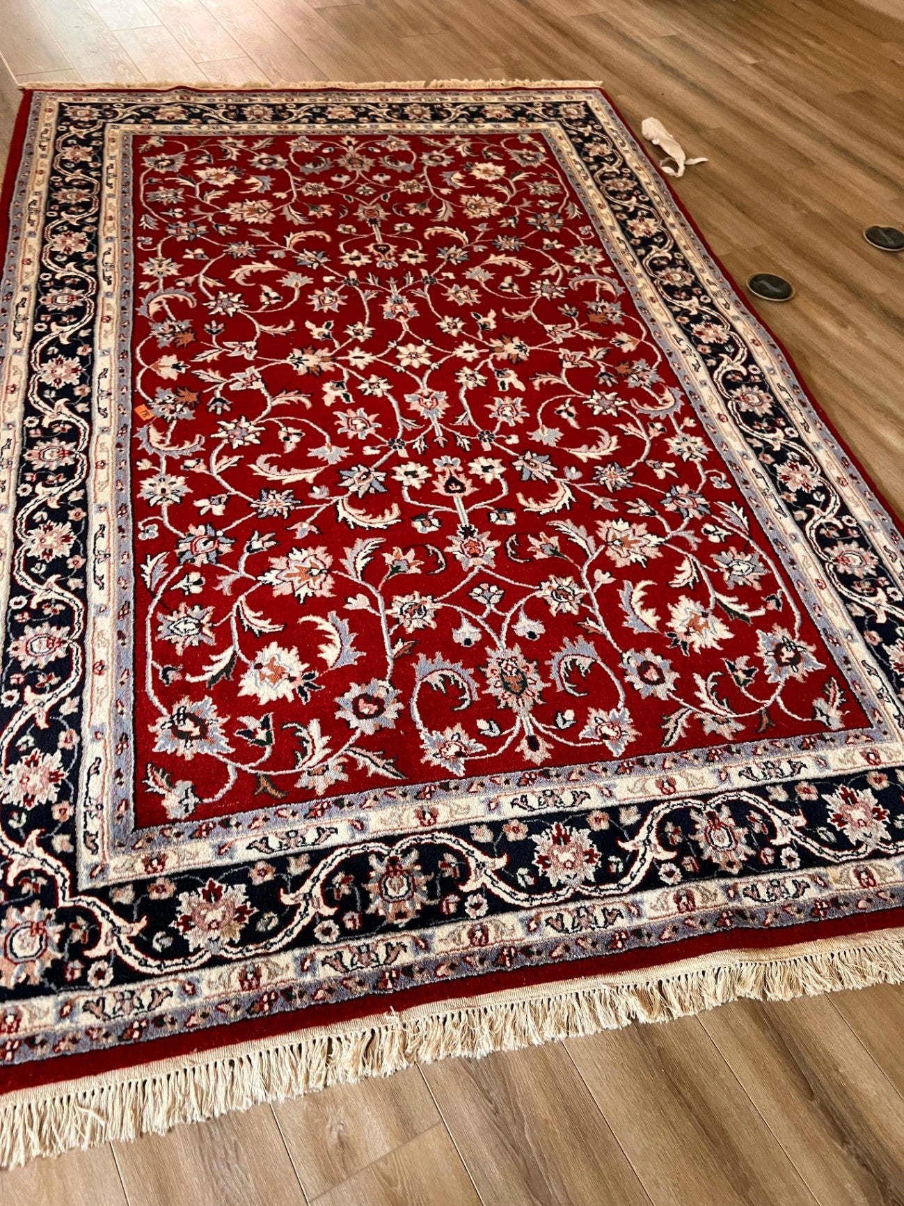 Large Indian Wool Persian Style Area Rug with Red Field & Navy Floral Border Kashan Inspired Carpet