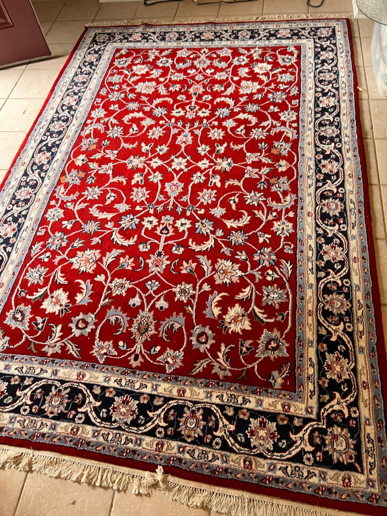 Large Indian Wool Persian Style Area Rug with Red Field & Navy Floral Border Kashan Inspired Carpet