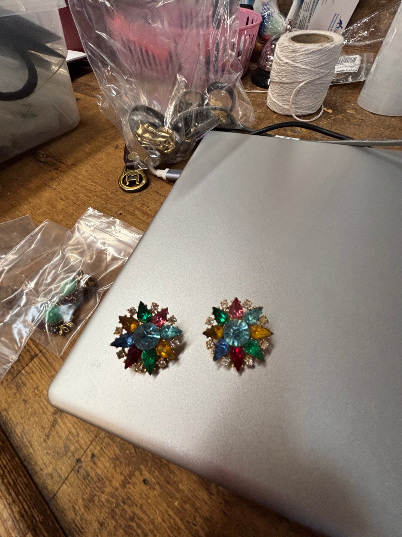 Vintage Fruit Salad Flower Petal Crystal Rhinestone Earrings Screw Back
