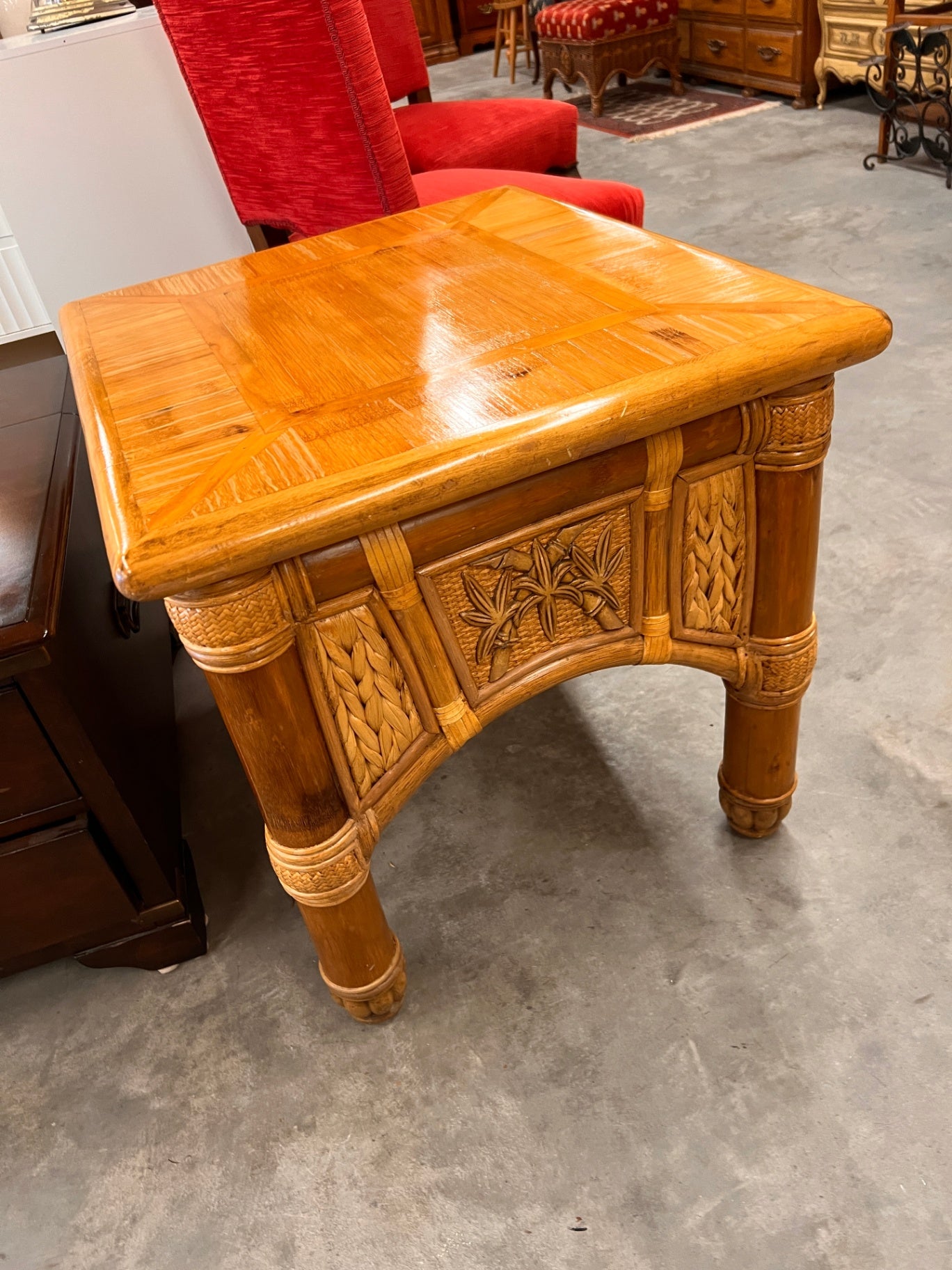 Vintage Rattan Side Table Palm Design