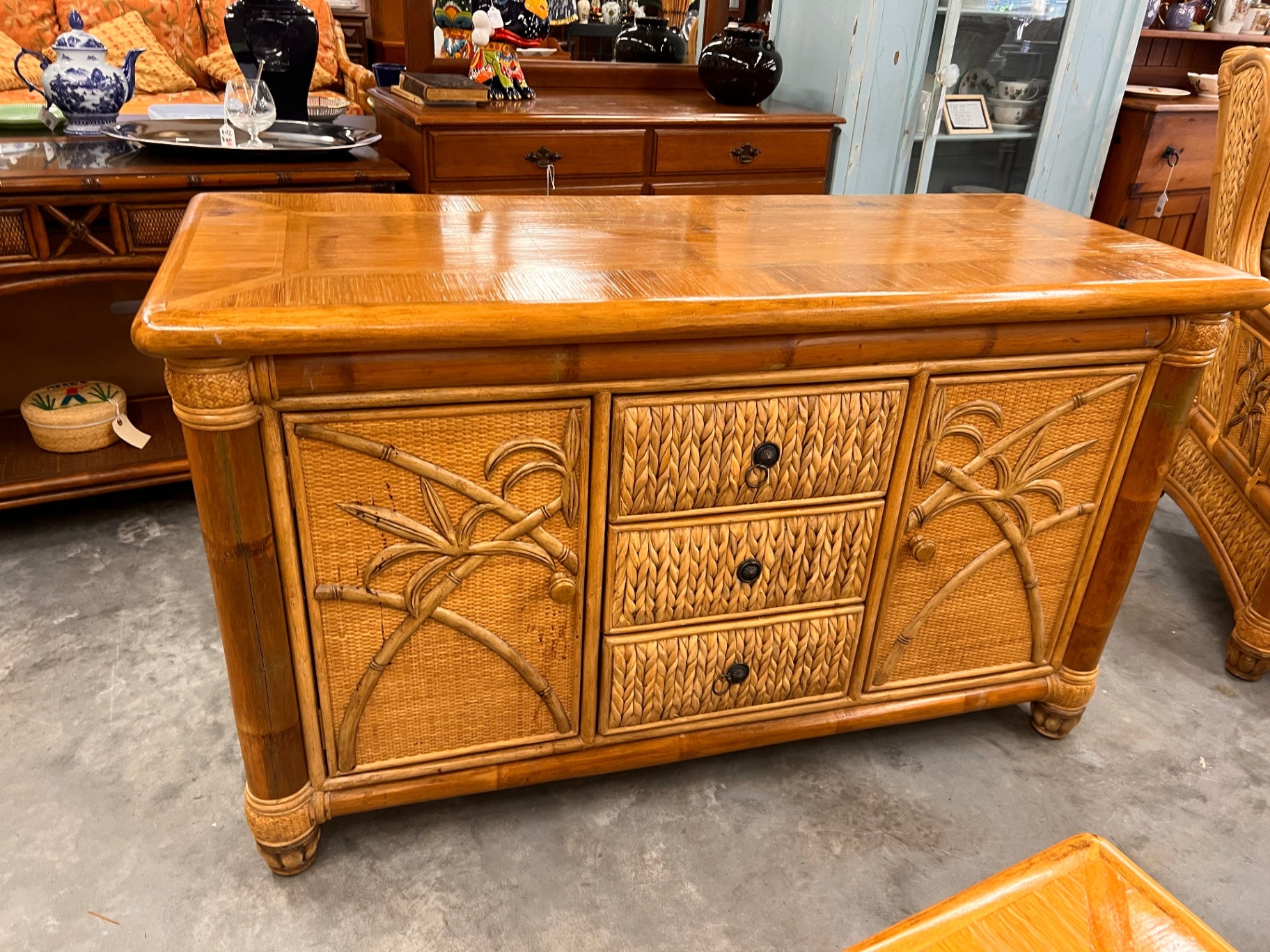 Vintage Rattan Buffet Table Palm Design