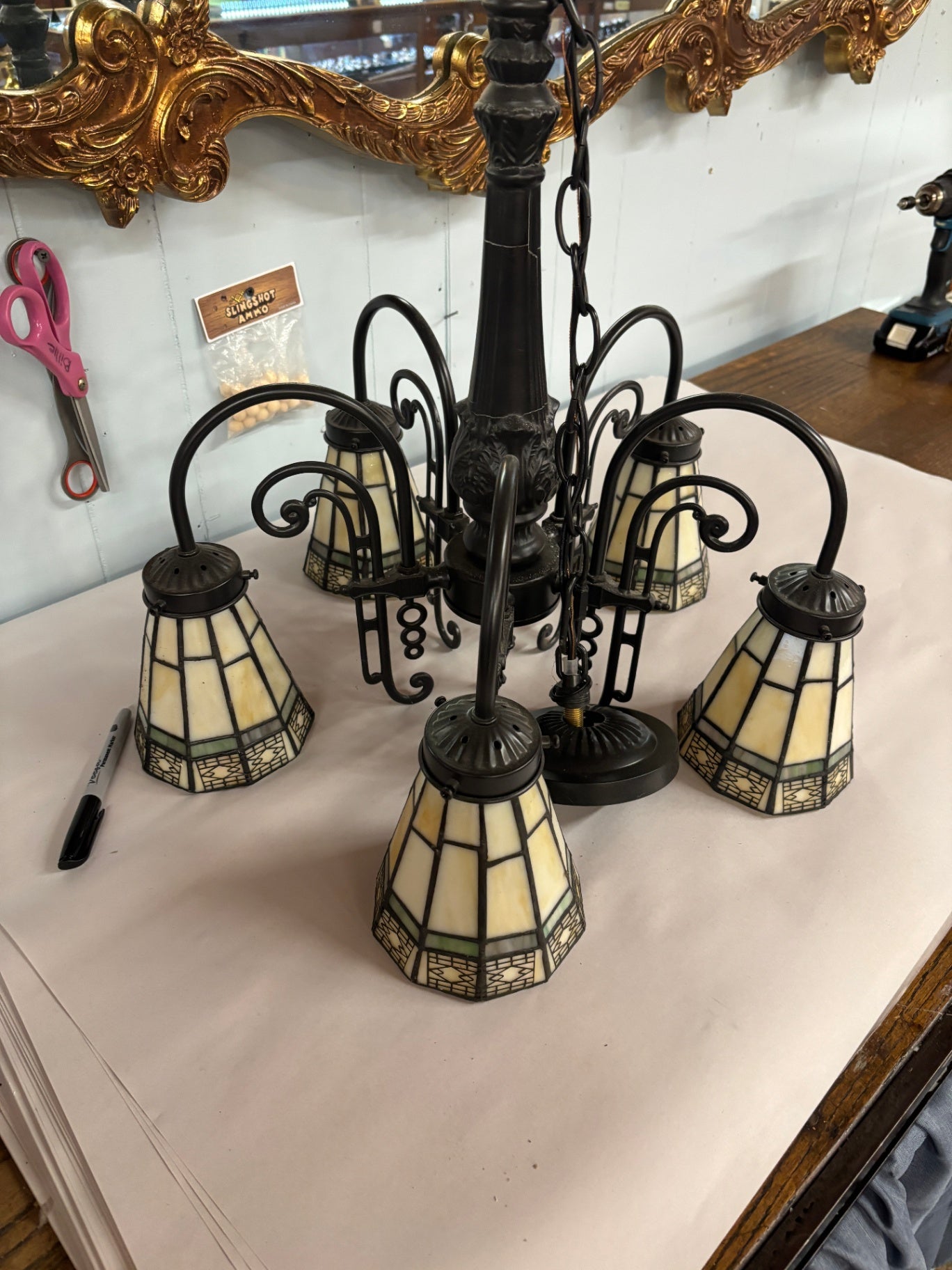 Vintage Tiffany-Style 5-Arm Stained Glass Chandelier