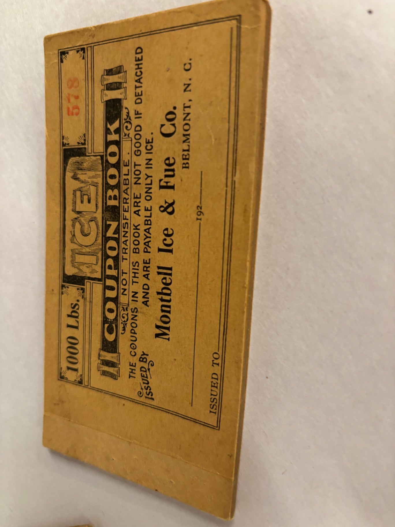  Vintage Ice Coupon Book from Montbell Ice & Fuel Co. in Belmont, NC