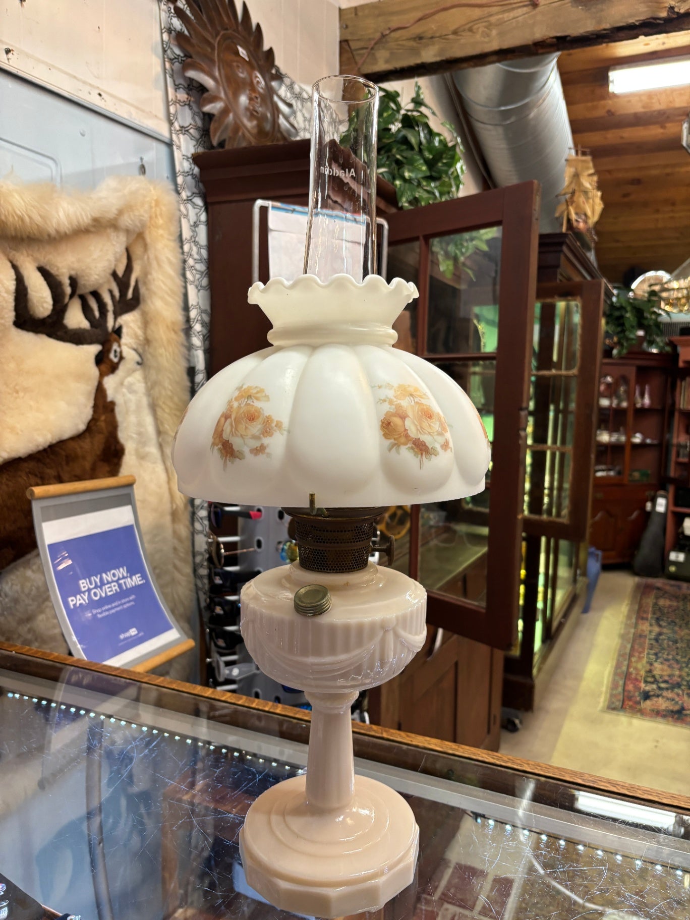 Vintage Milk Glass Floral Kerosene/Oil Lamp with Aladdin Chimney – Cottage Style Accent Lamp