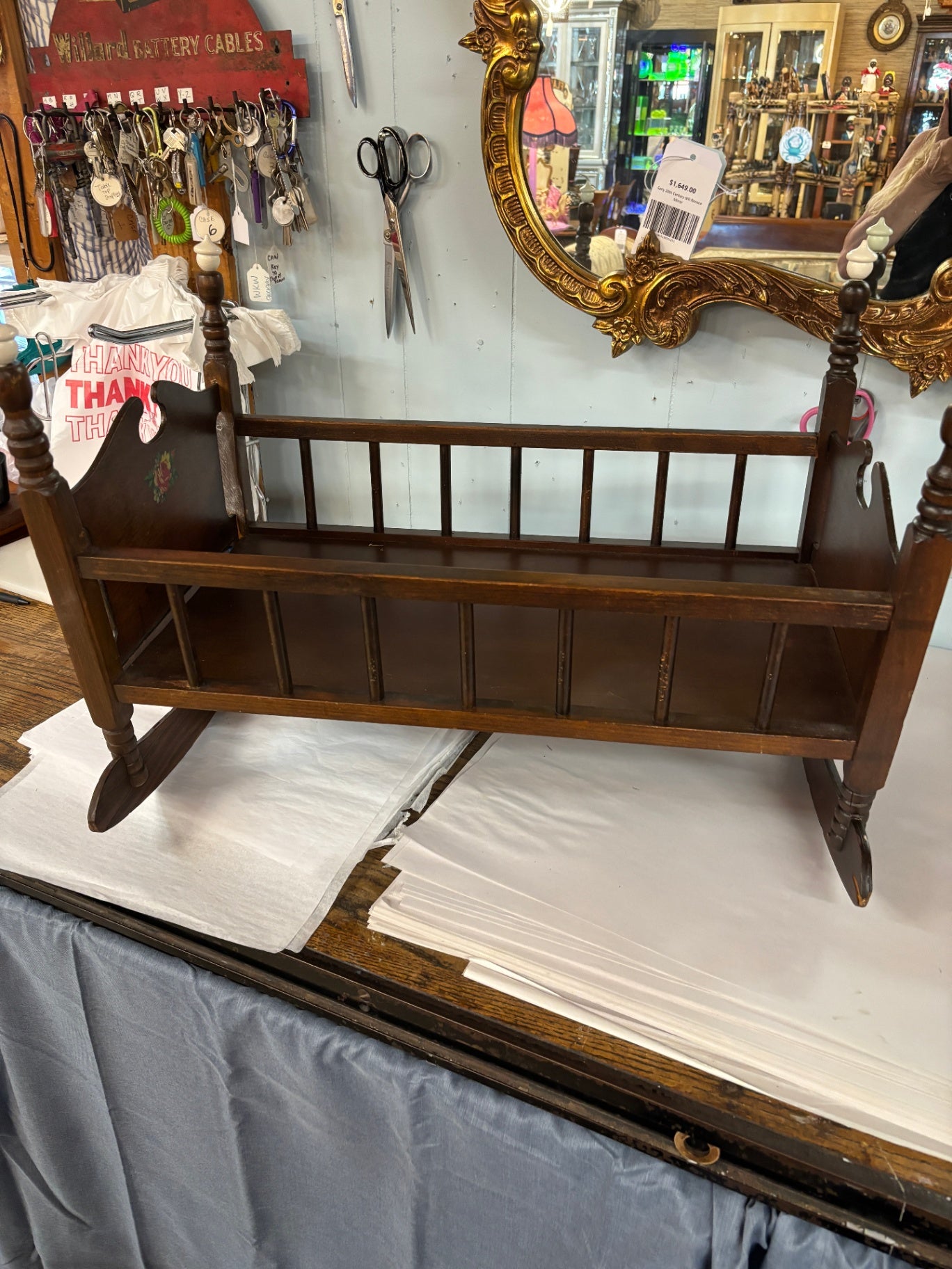 Vintage Colonial Style Wooden Doll Cradle Rocker with Turned Finials & Hand-Painted Floral Accent