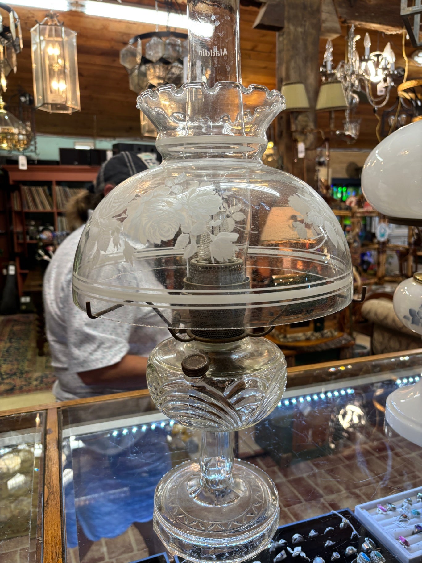 Antique Clear Glass Kerosene Oil Lamp with Etched Floral Shade & Aladdin Chimney