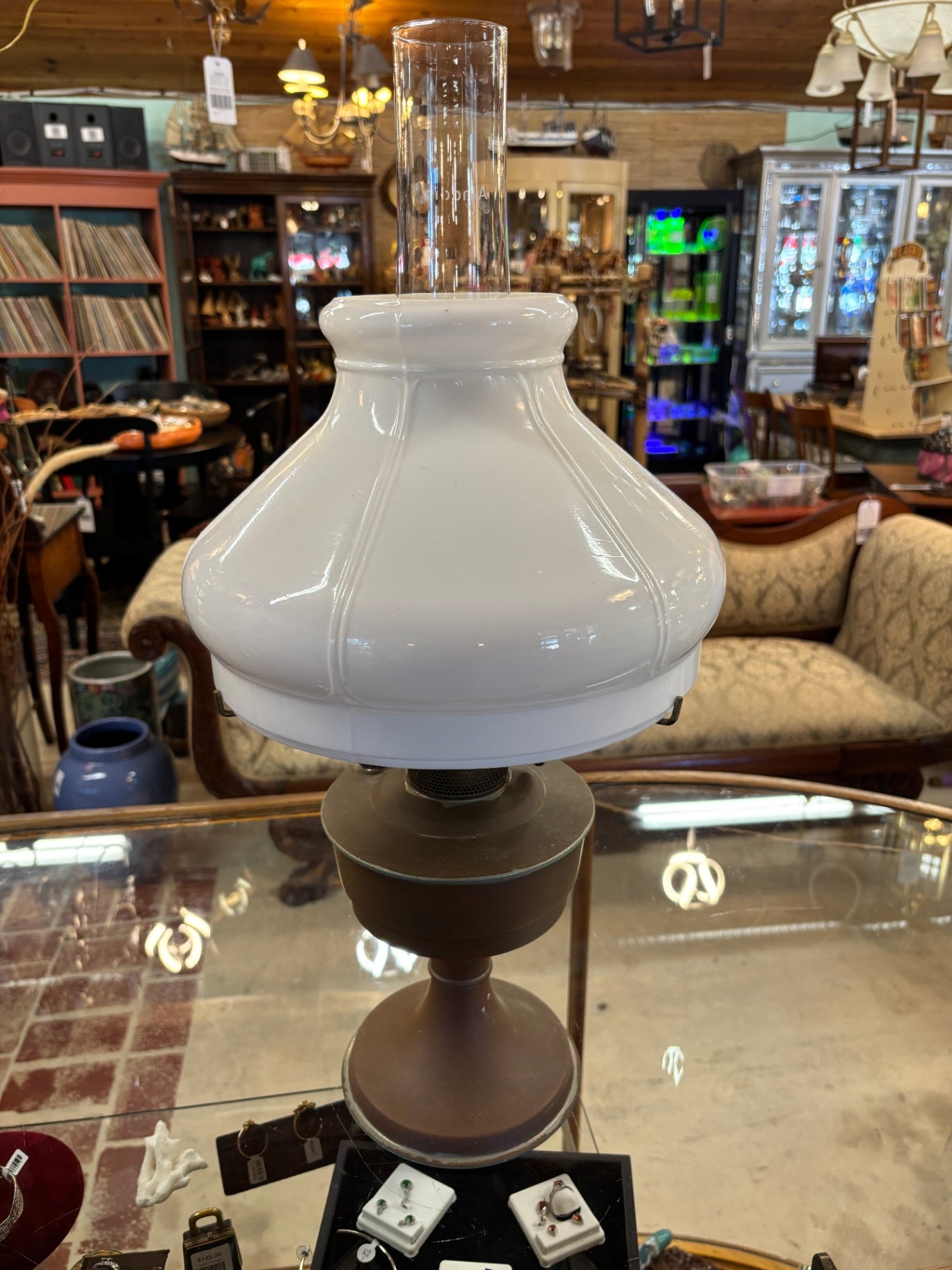 Vintage Milk Glass Hurricane Oil Lamp Style Accent Lamp with White Opaline Shade