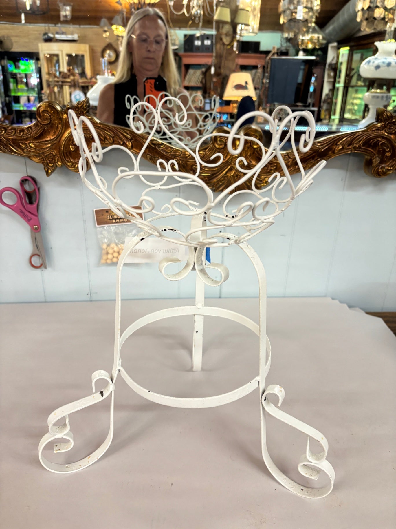 Vintage White Wrought Iron Scrollwork Plant Stand / Decorative Metal Jardiniere Pedestal