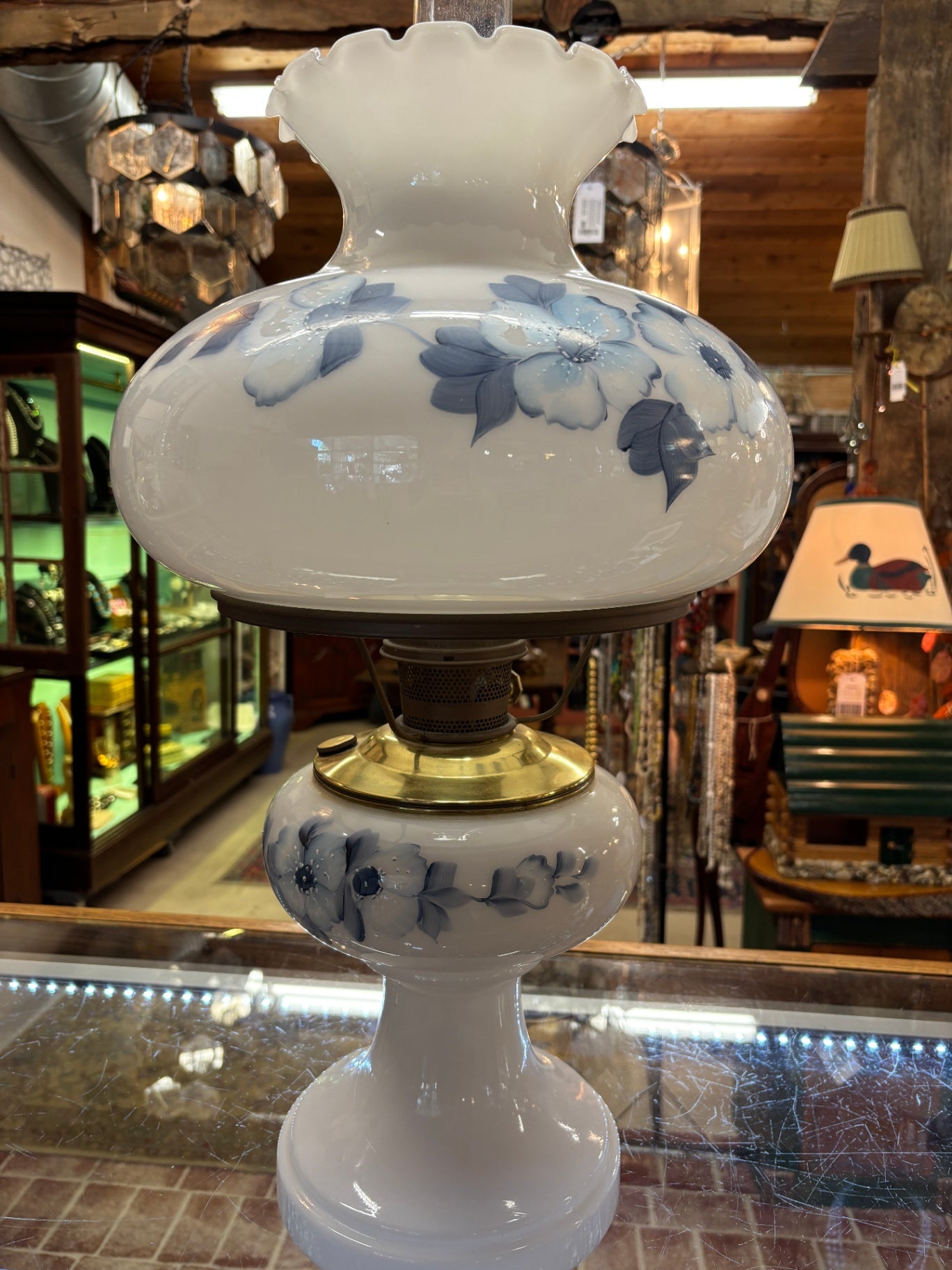 Hand-Painted Blue Floral Milk Glass Hurricane Oil Lamp with Scalloped Shade – Vintage Victorian Style