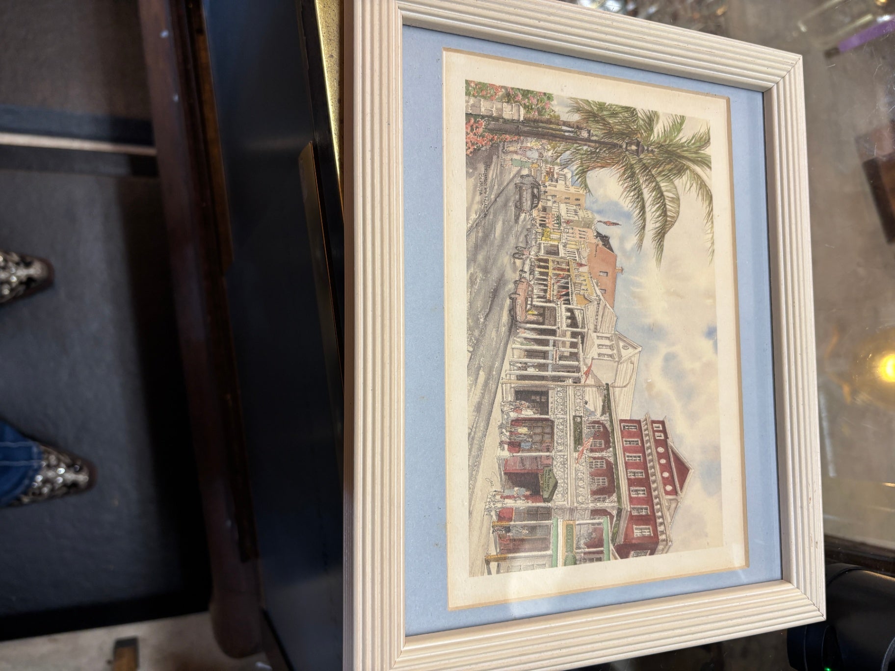 Vintage Framed Charleston South Carolina Street Scene Watercolor Print with Palm Tree & Historic Buildings