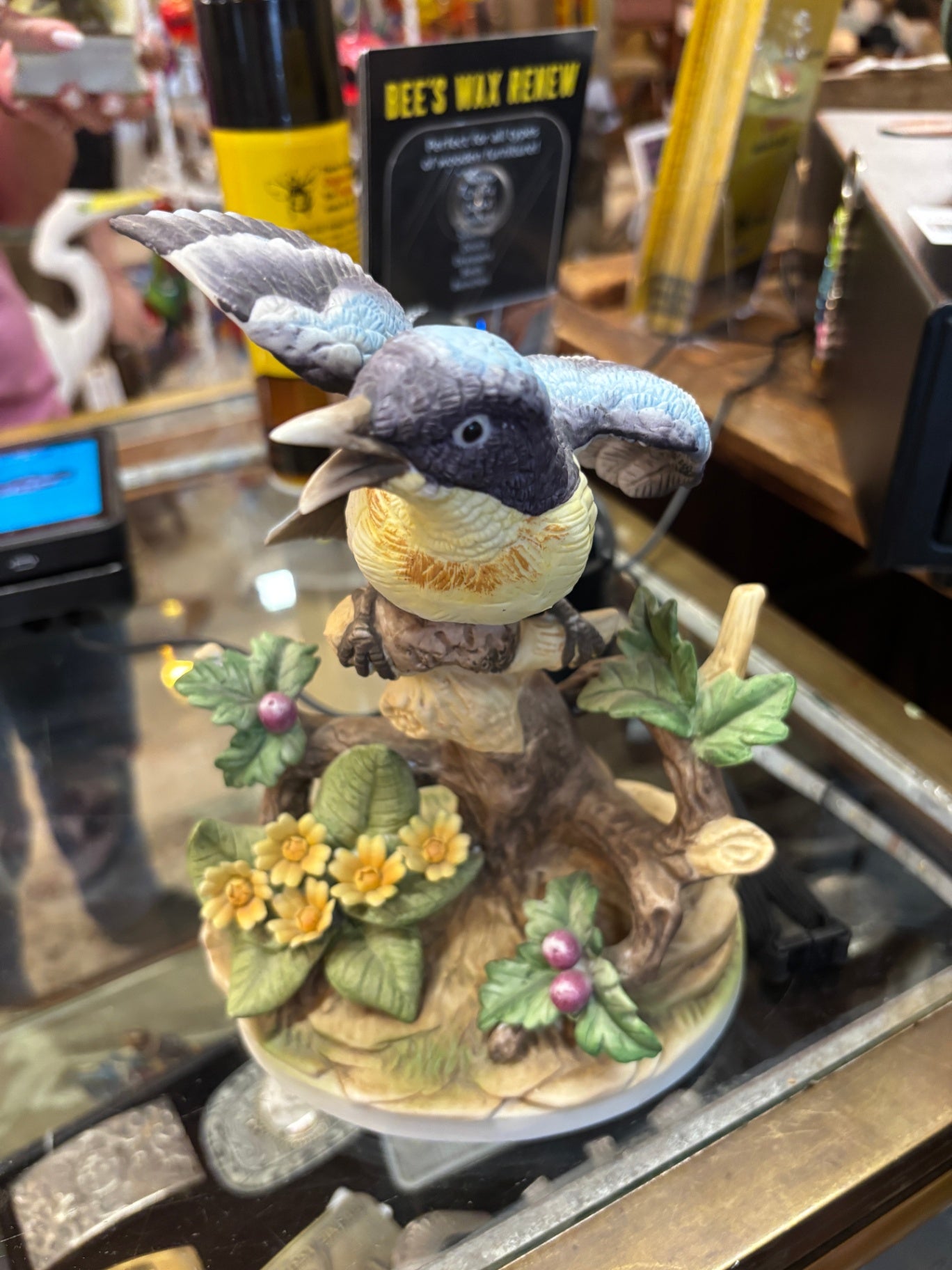 Vintage Porcelain Blue Jay Bird Figurine on Floral Tree Stump Base