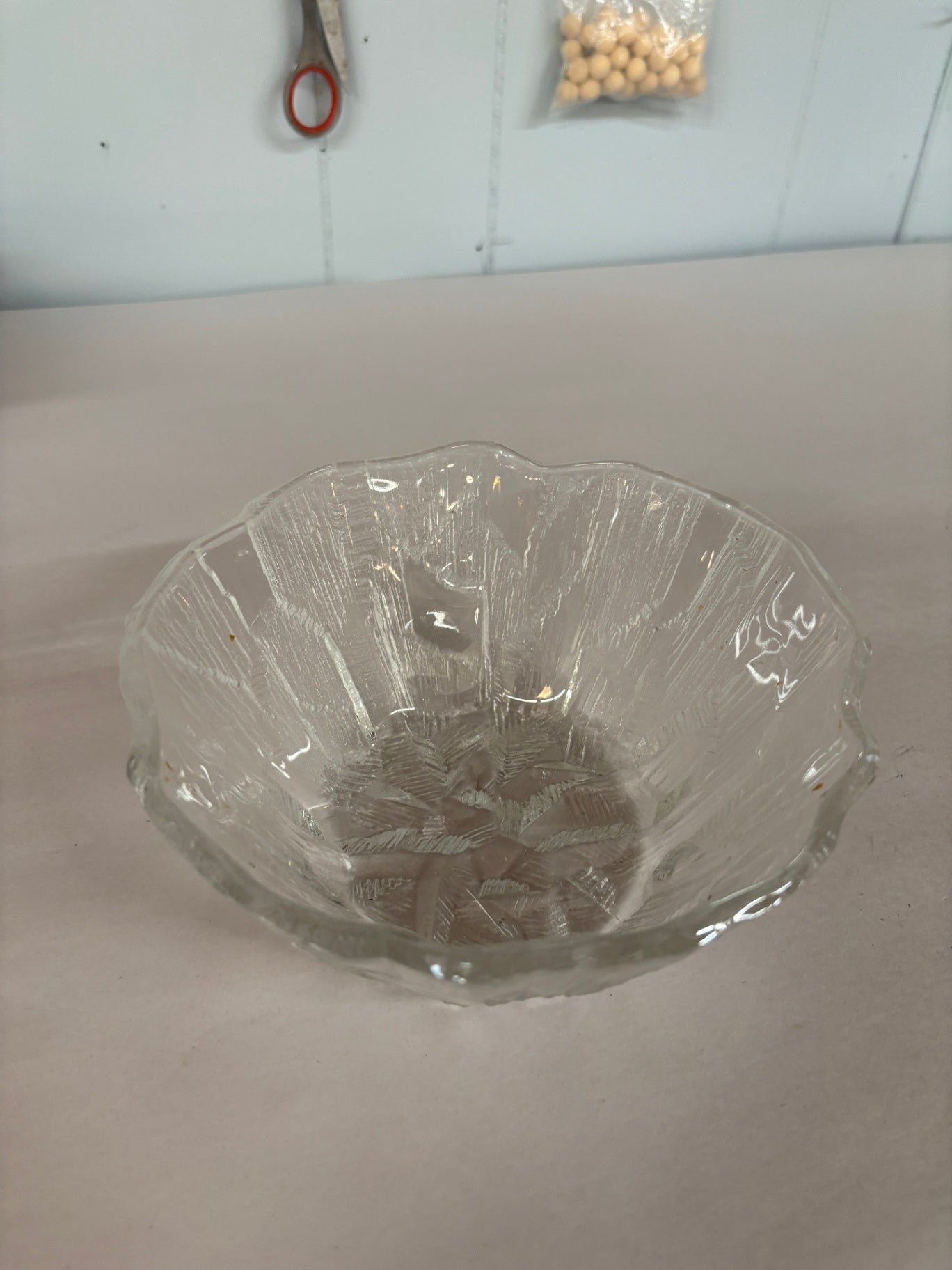 Vintage Clear Pressed Glass Serving Bowl with Textured Bark Pattern and Scalloped Rim