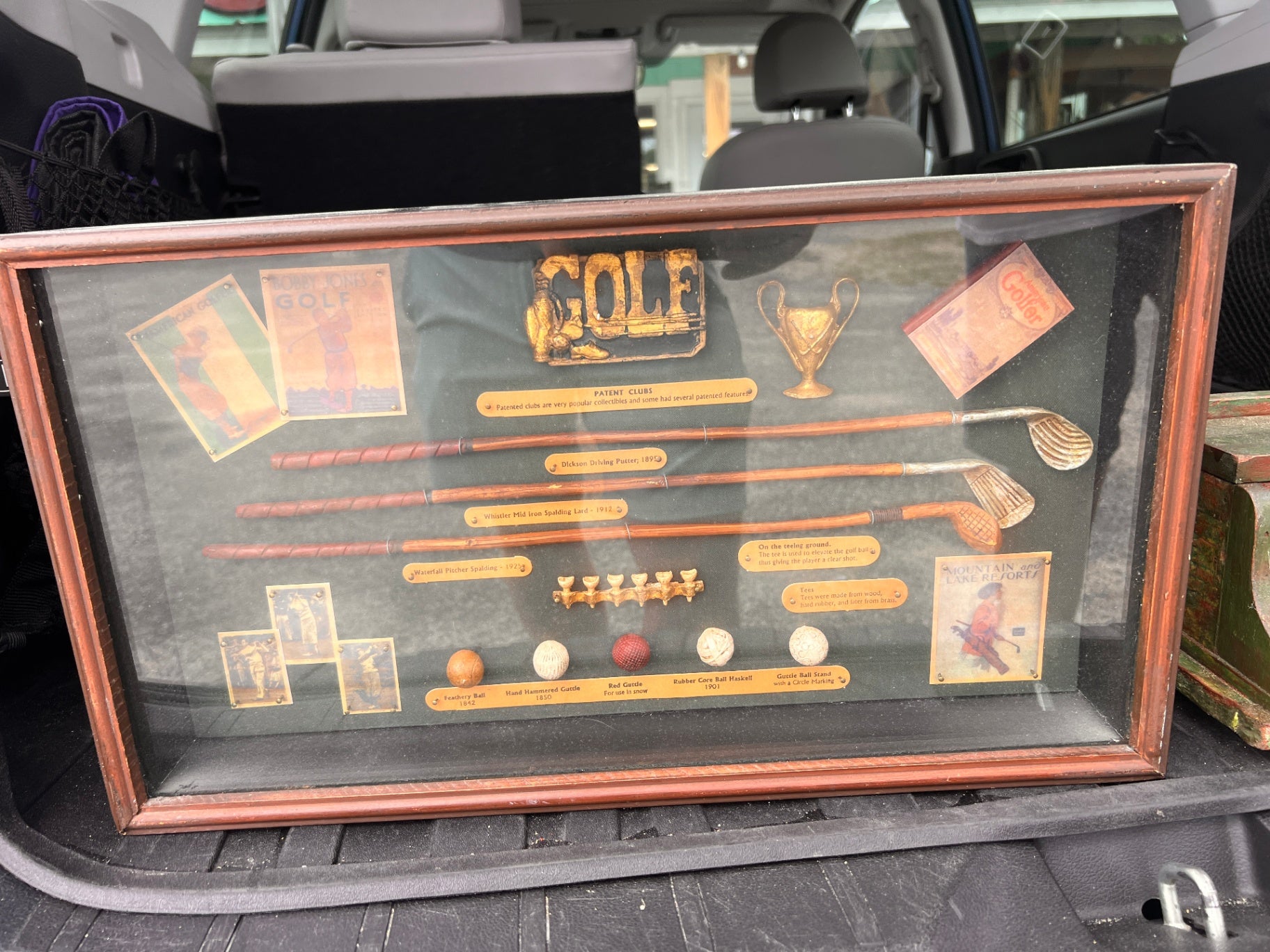 Vintage Golf Memorabilia Shadow Box Display with Hickory Club Replicas & Early Golf Ball History