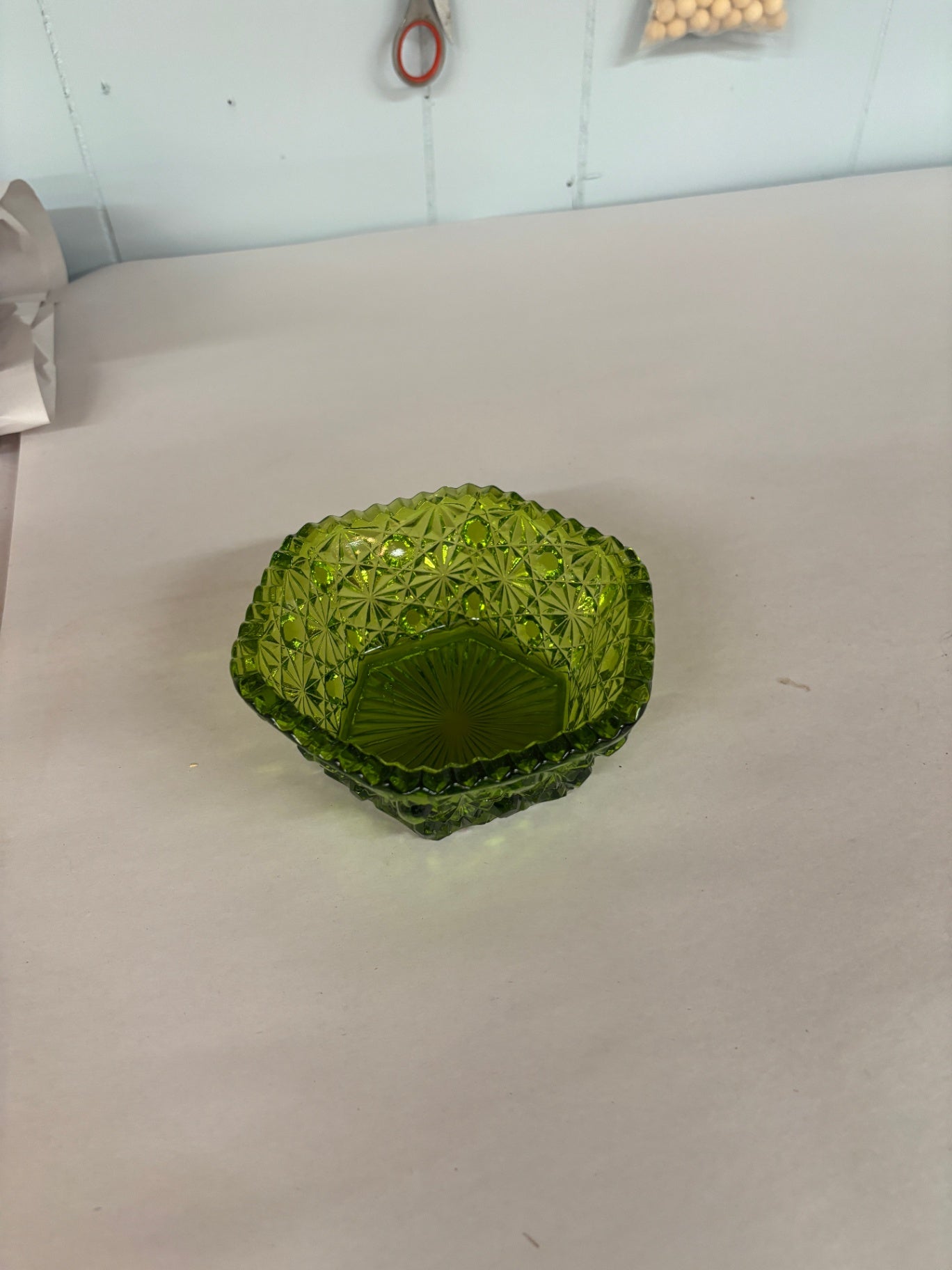 Vintage Emerald Green Pressed Glass Candy Dish / Open Bowl with Daisy & Button Pattern