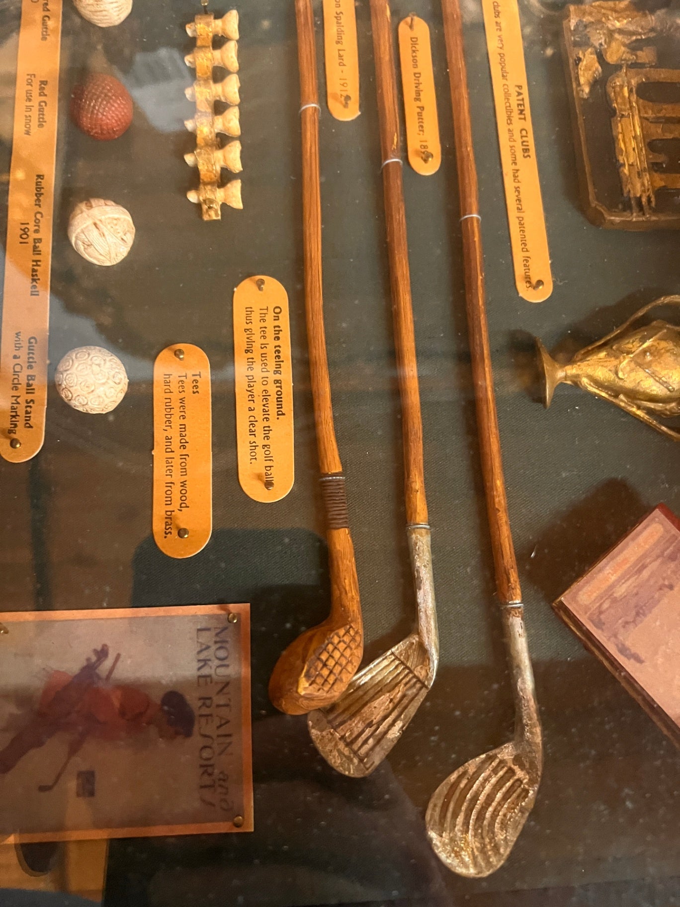 Vintage Golf Memorabilia Shadow Box Display with Hickory Club Replicas & Early Golf Ball History