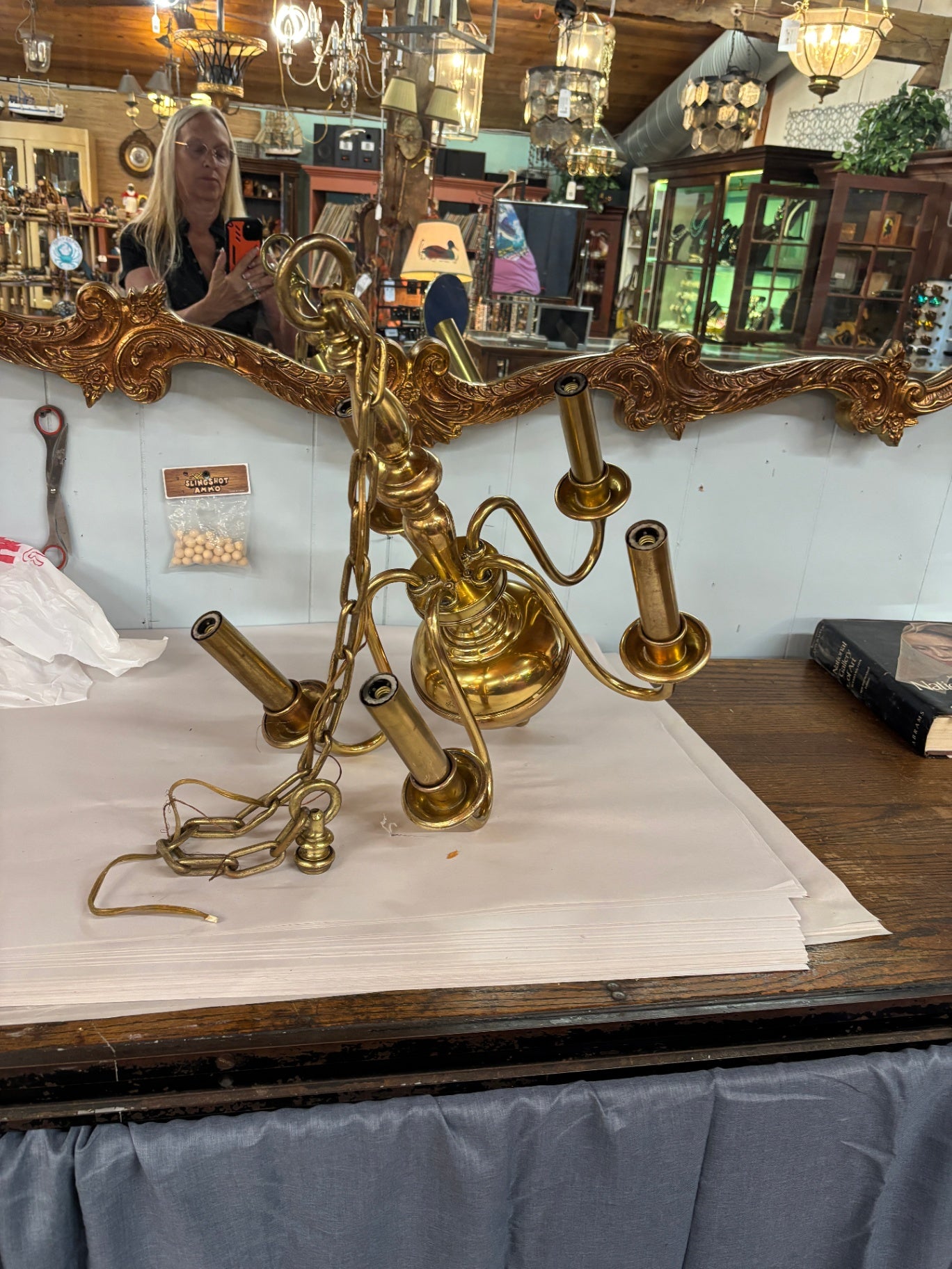 Vintage Solid Brass 5-Light Chandelier Ceiling Fixture Hollywood Regency Colonial Style