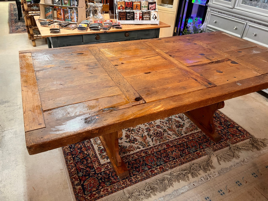 Antique Rustic Mexican Hacienda Farmhouse Trestle Dining Table – Solid Pine Plank Top