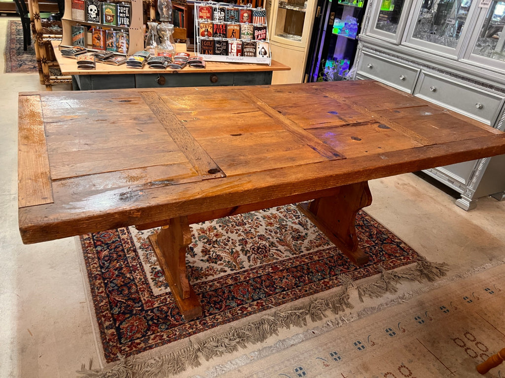 Antique Rustic Mexican Hacienda Farmhouse Trestle Dining Table – Solid Pine Plank Top