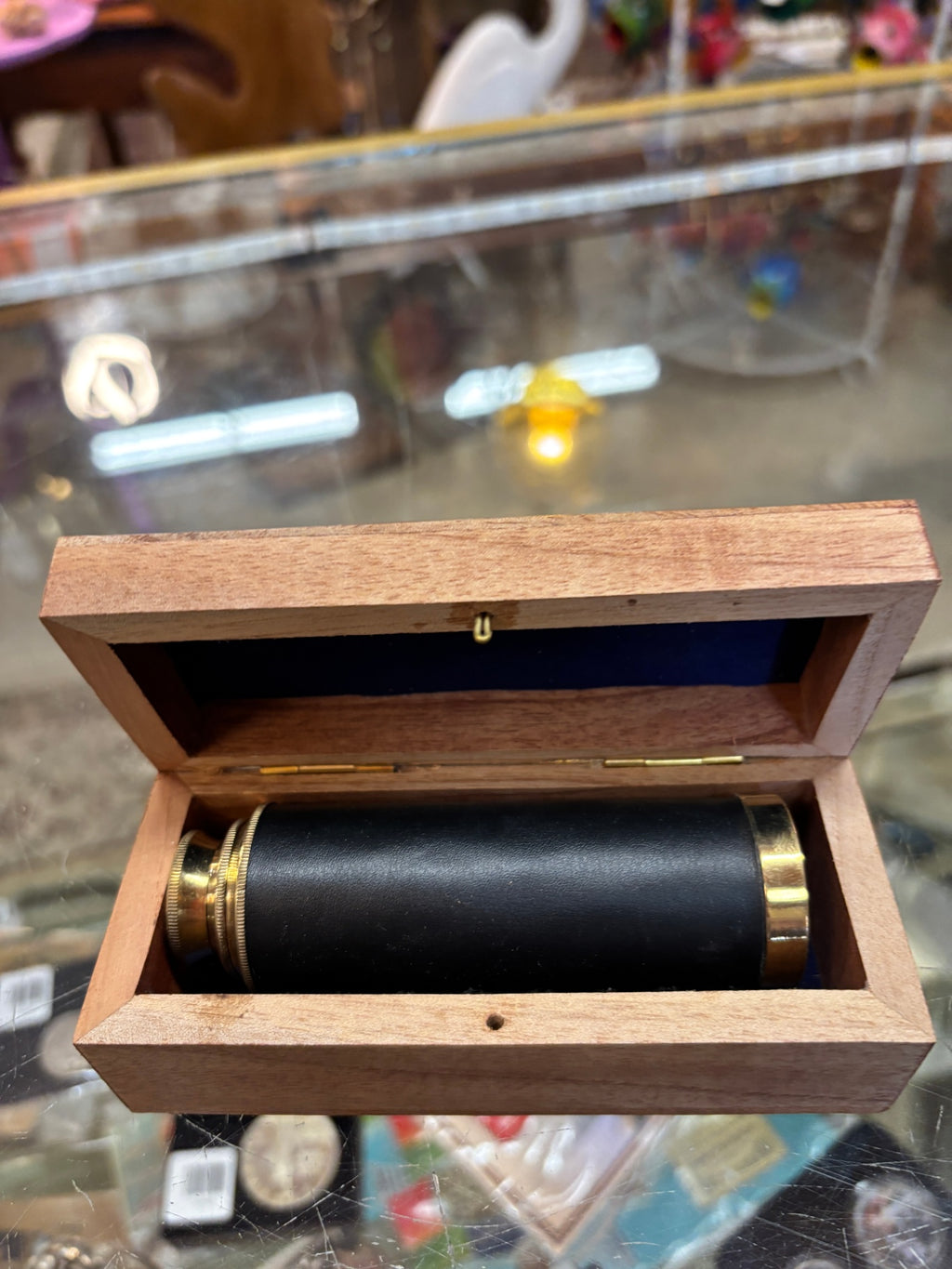 Vintage Brass & Leather Wrapped Spyglass Telescope in Wooden Presentation Box