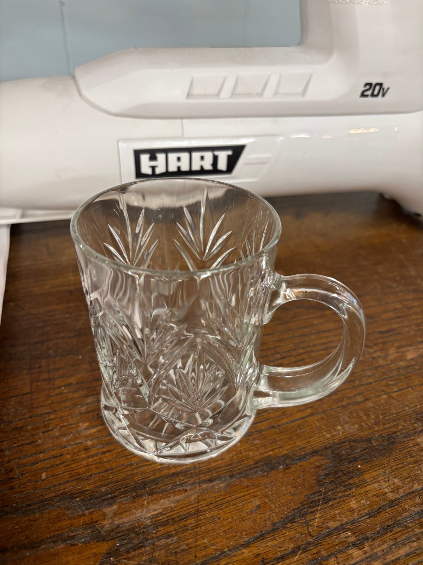 Vintage Pressed Cut Glass Mug with Pinwheel & Fan Pattern Clear Glass Coffee Cup