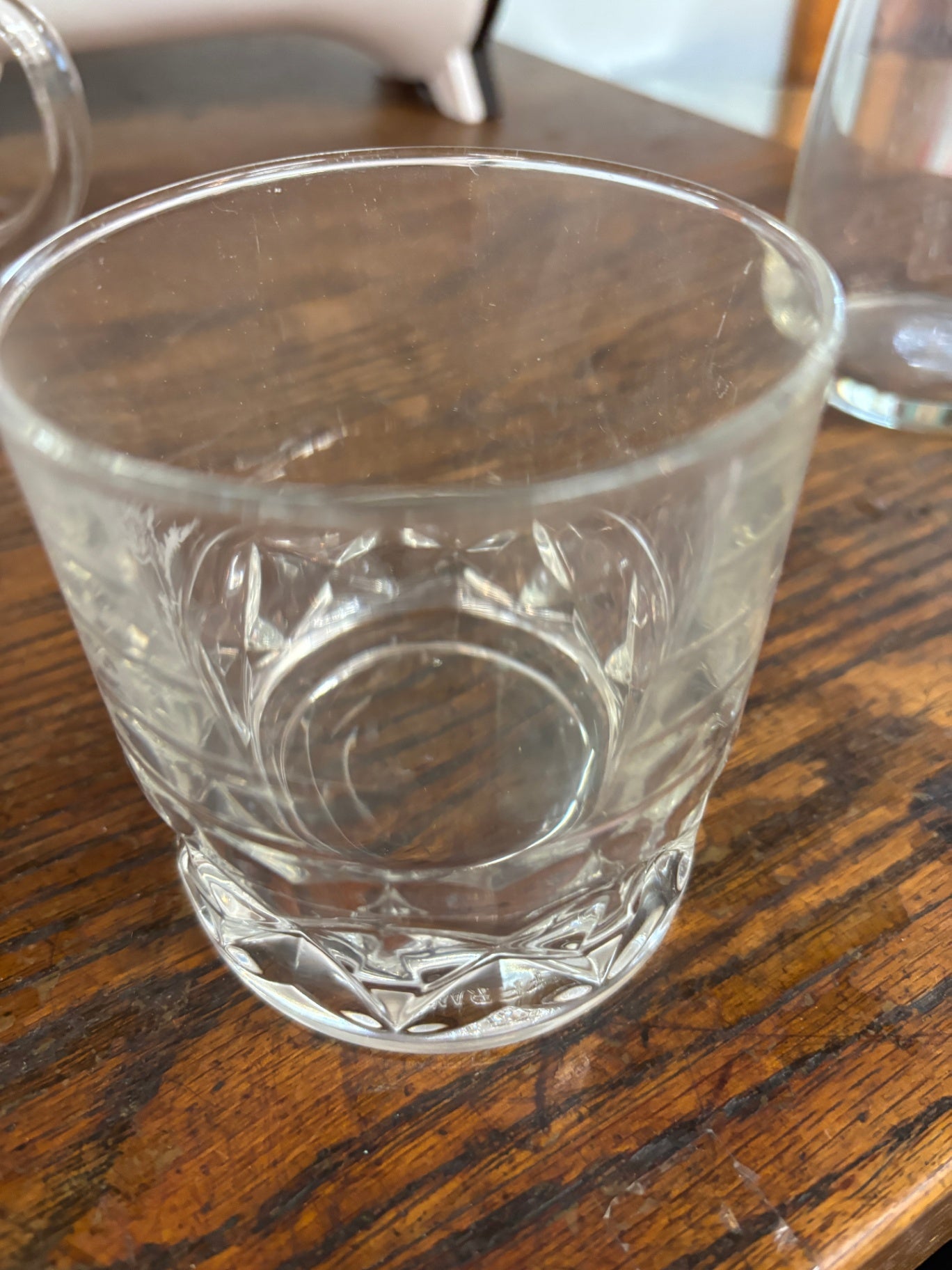 Vintage Pressed Glass Lowball Tumbler Cocktail Whiskey Rocks Glass Geometric Cut Design