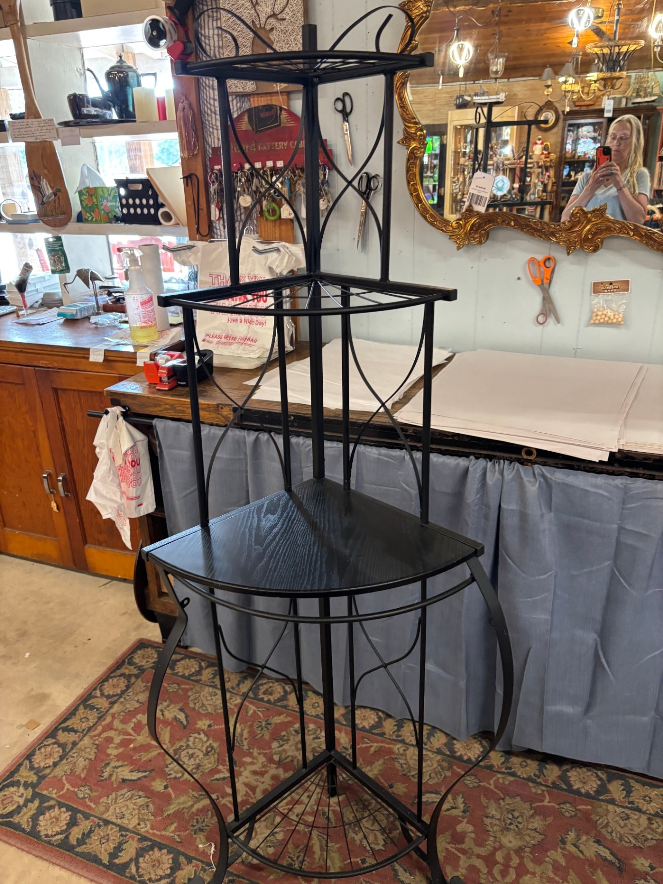 Vintage Black Metal & Wood Corner Baker's Rack Display Shelf Plant Stand