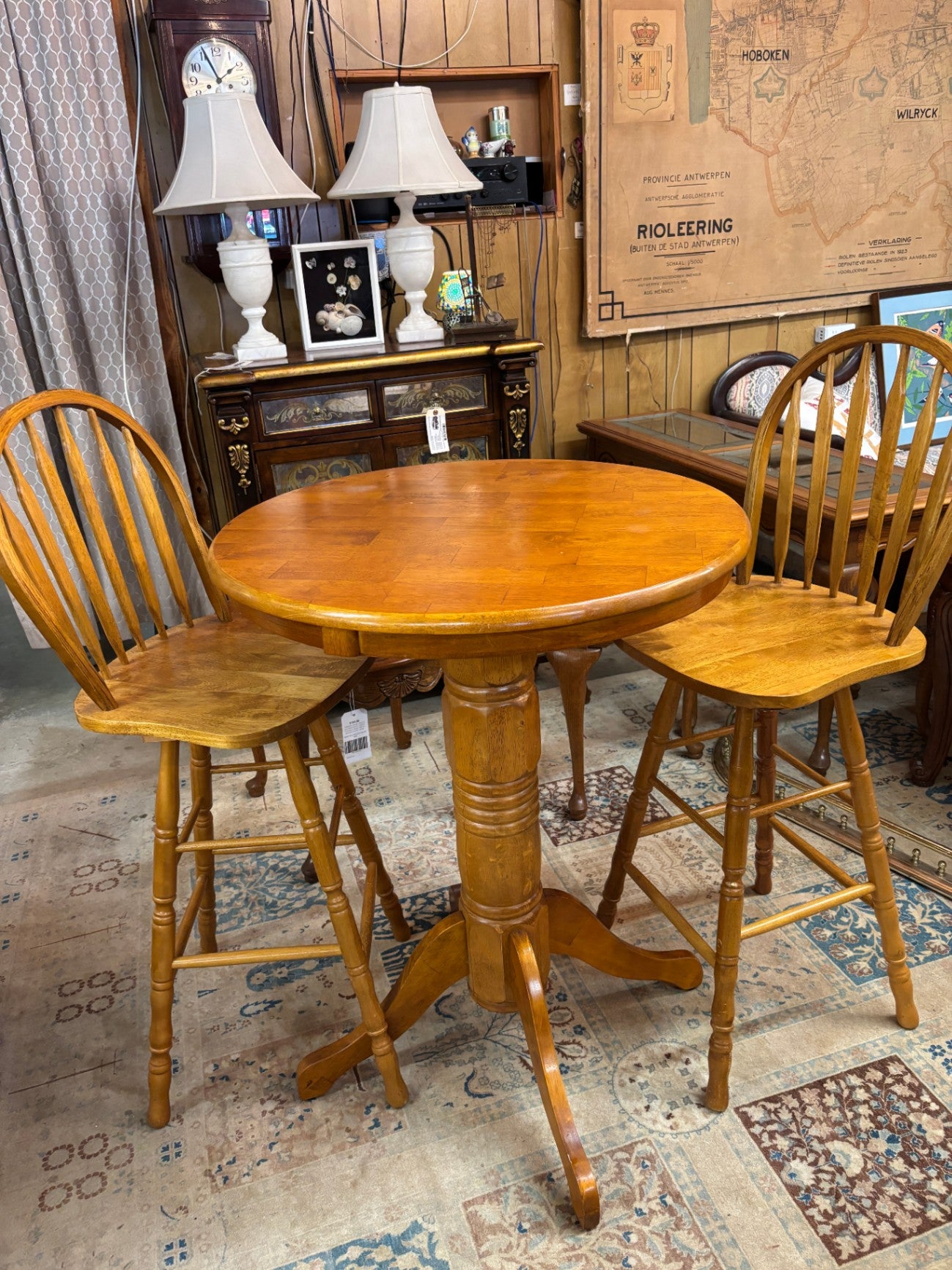 Vintage Oak Pub Table with Two Windsor Bar Stool