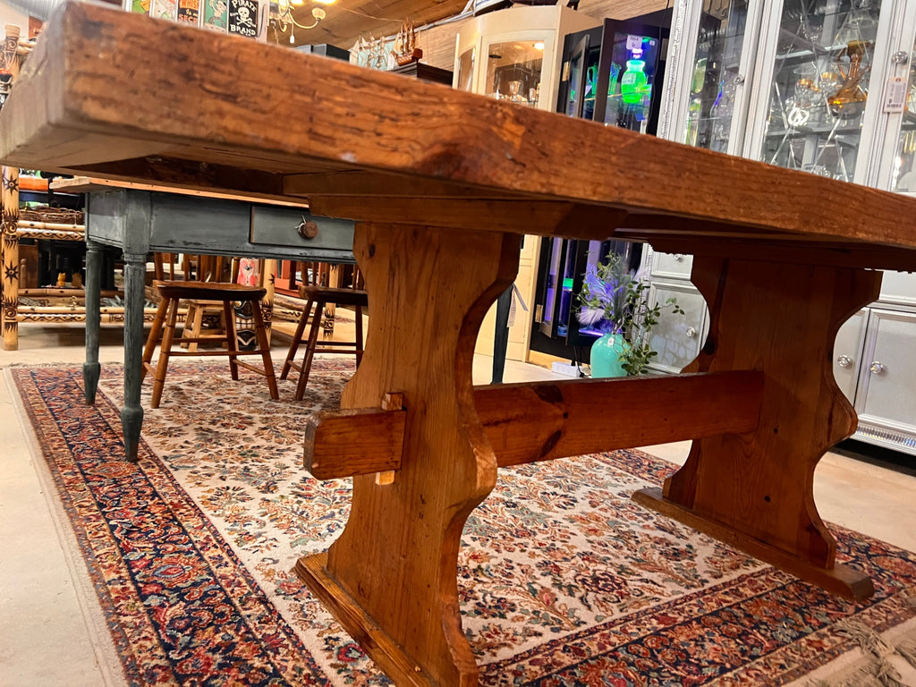 Antique Rustic Mexican Hacienda Farmhouse Trestle Dining Table – Solid Pine Plank Top