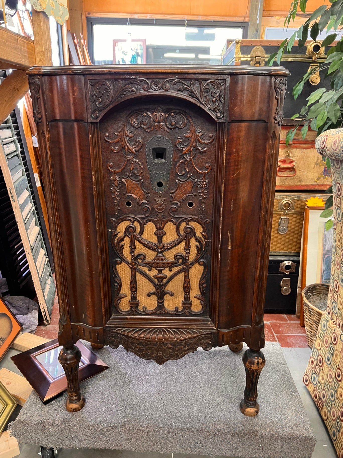 Antique 1930s Cathedral Radio Cabinet – Ornately Carved Console Radio Case