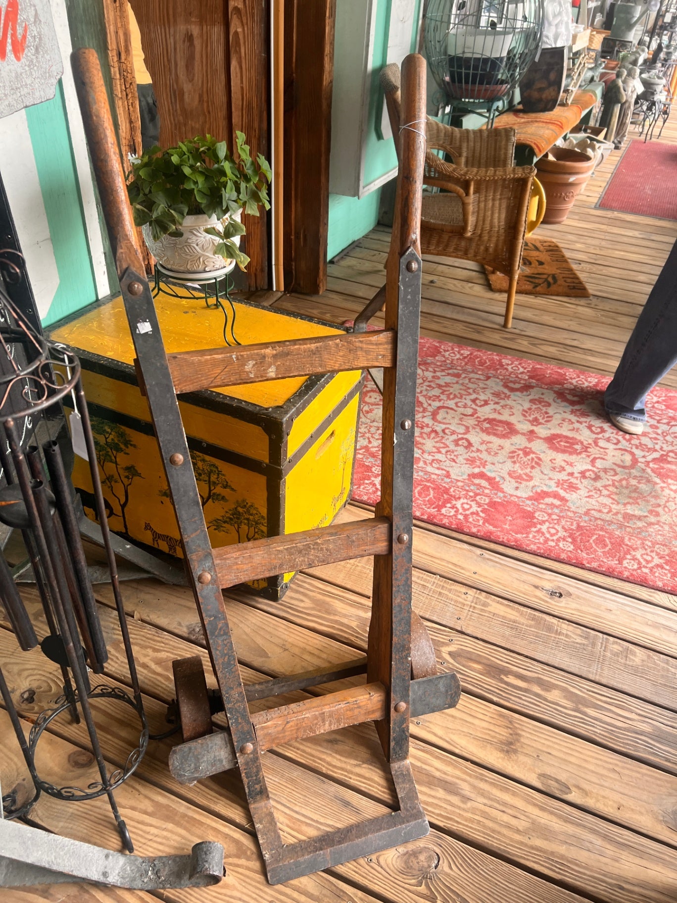 Antique Wooden & Iron Industrial Hand Truck Warehouse Barrel Dolly Cart