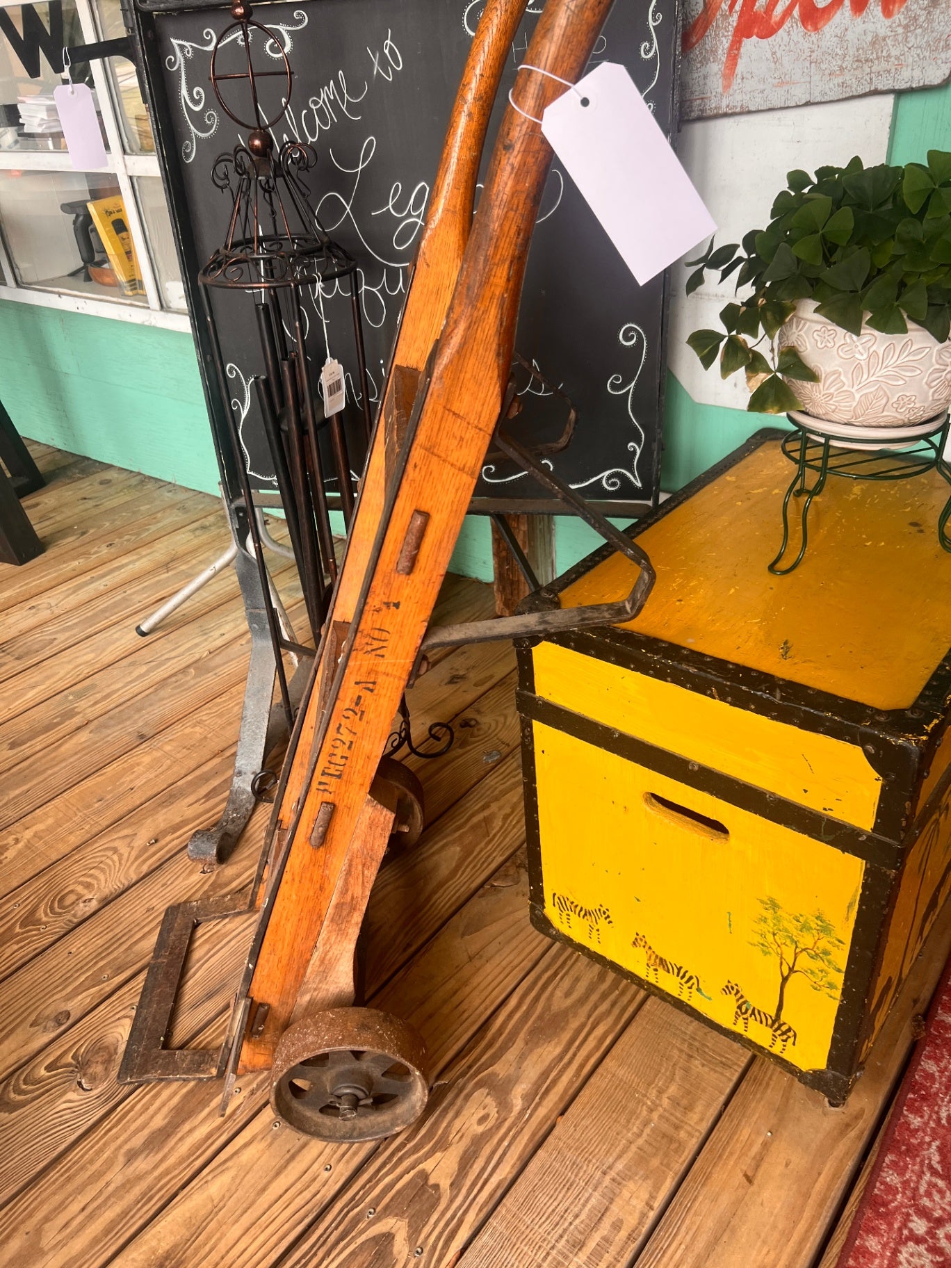 Antique Wooden & Iron Industrial Hand Truck Warehouse Barrel Dolly Cart