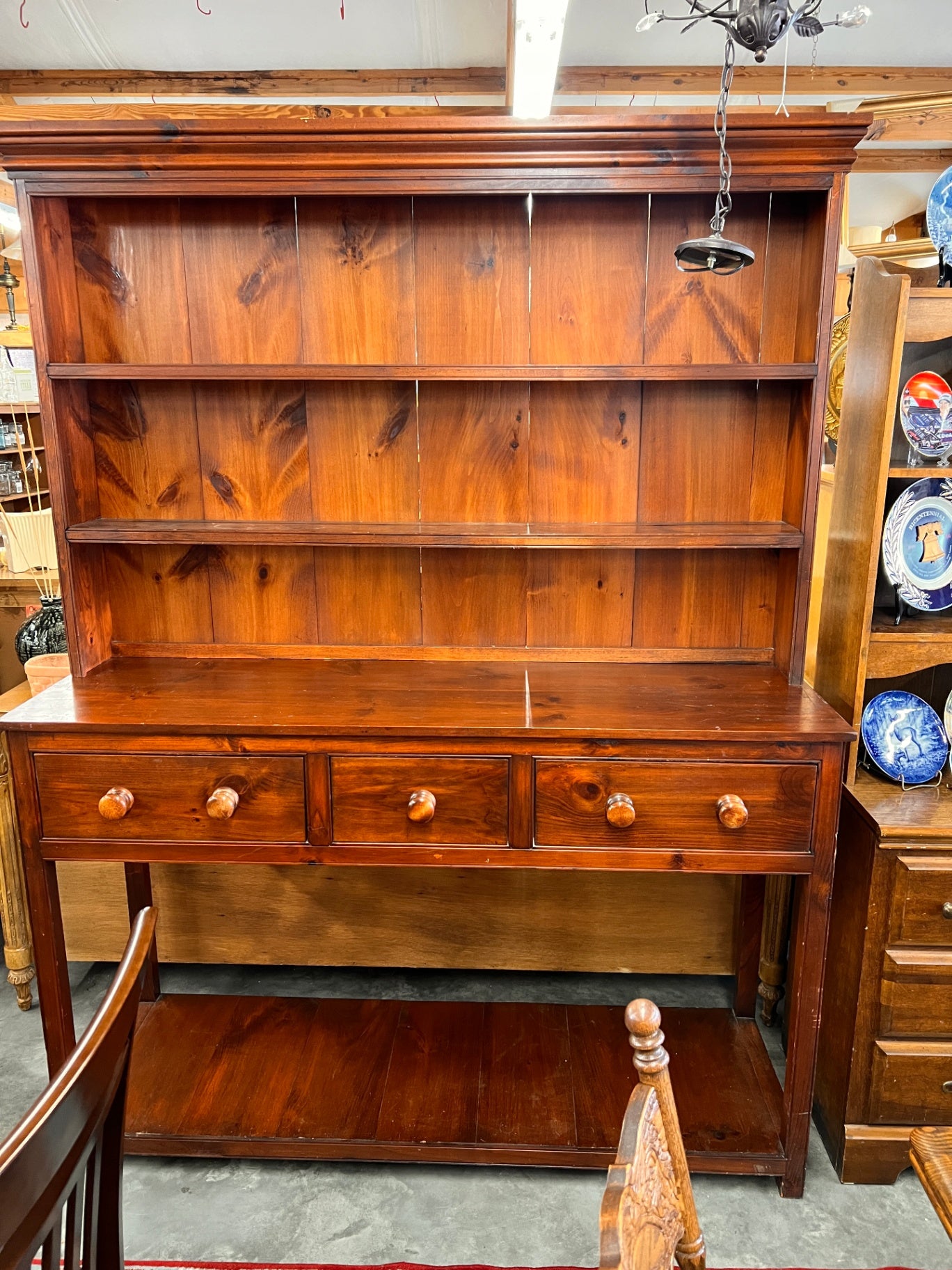 Vintage Solid Pine Farmhouse Hutch Cabinet Bookcase With Three Drawers