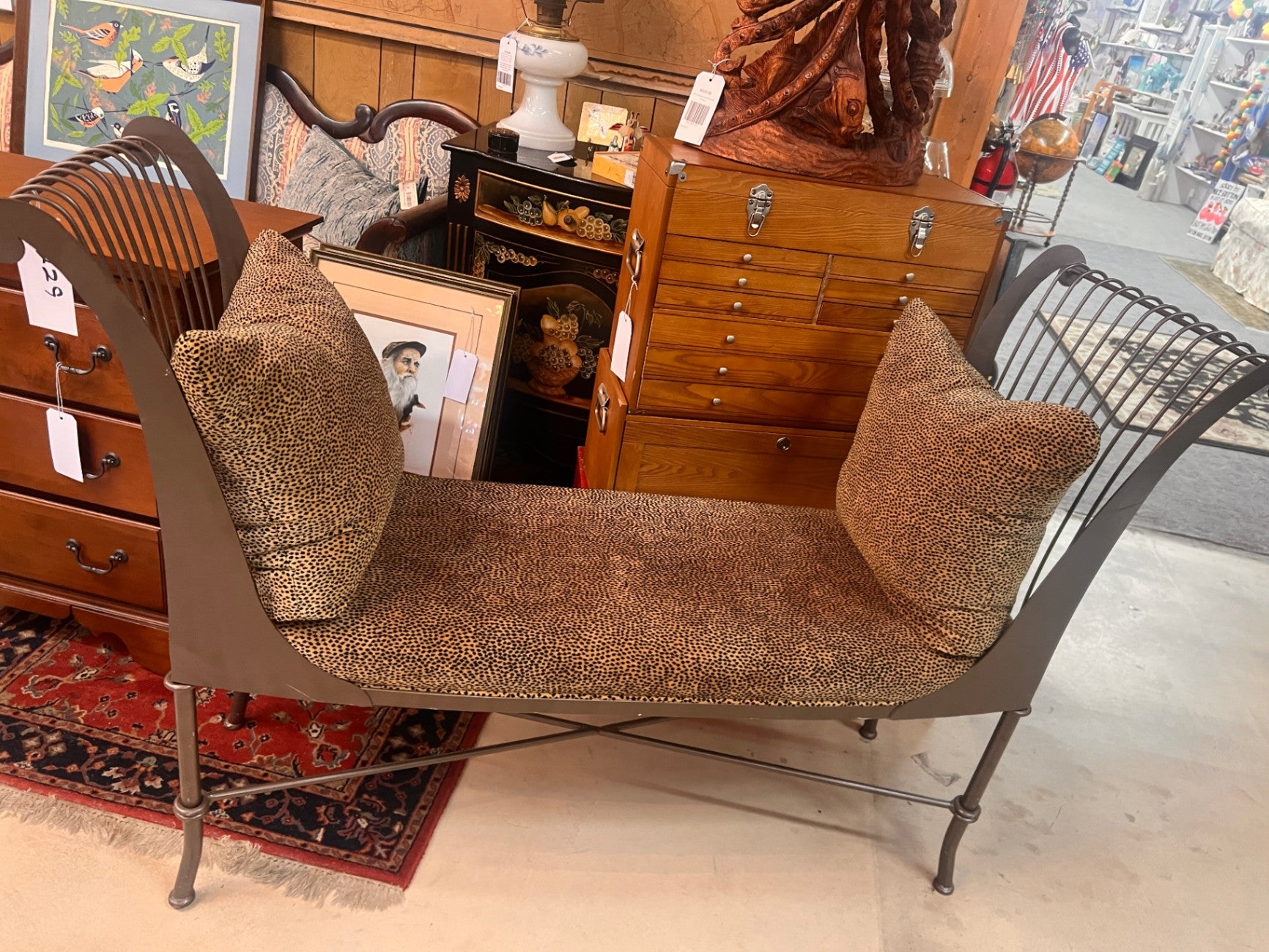 Designer Leopard Print Upholstered Metal Frame Settee Loveseat Bench