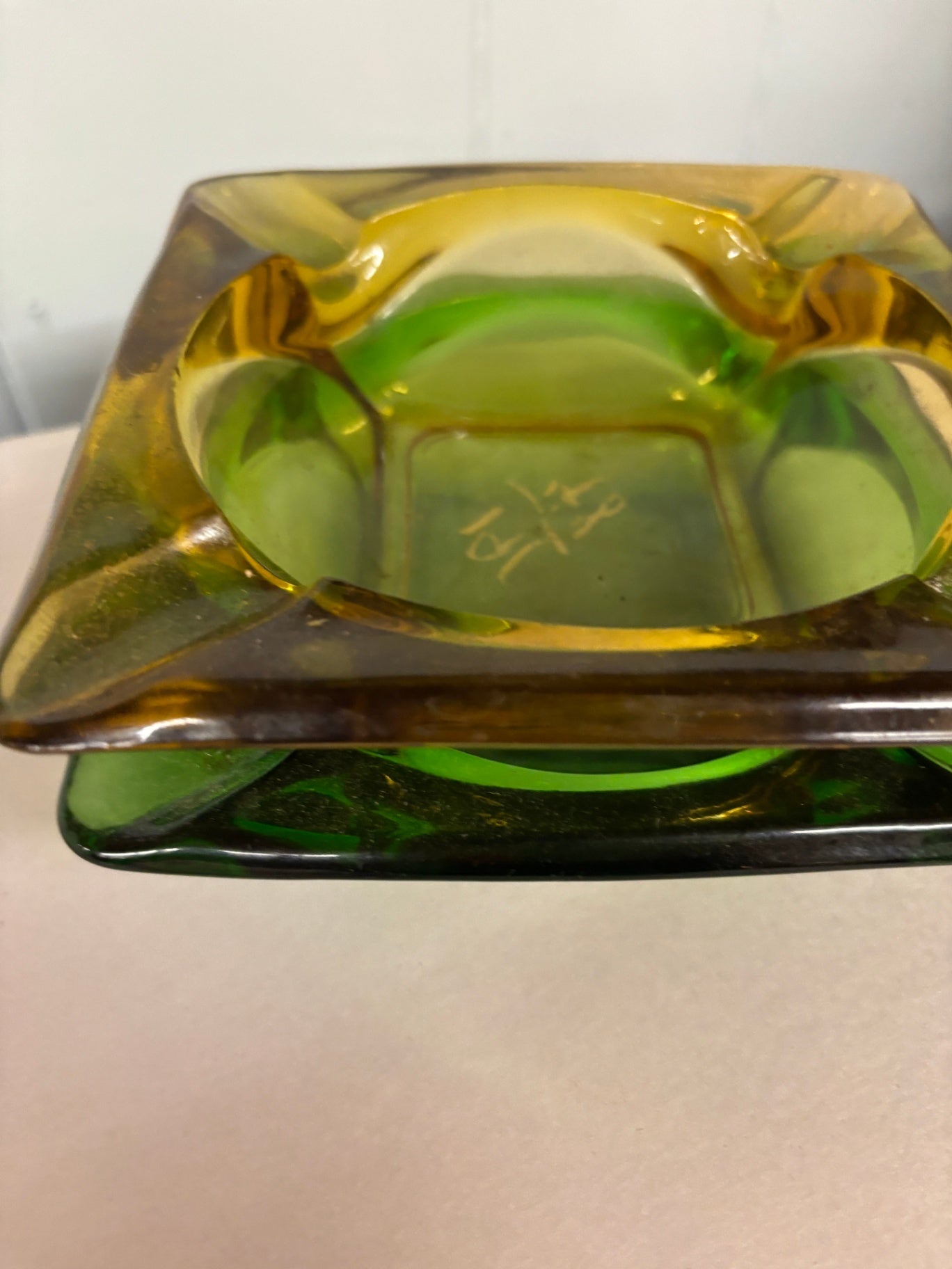 Vintage Mid-Century Amber & Green Art Glass Square Ashtray