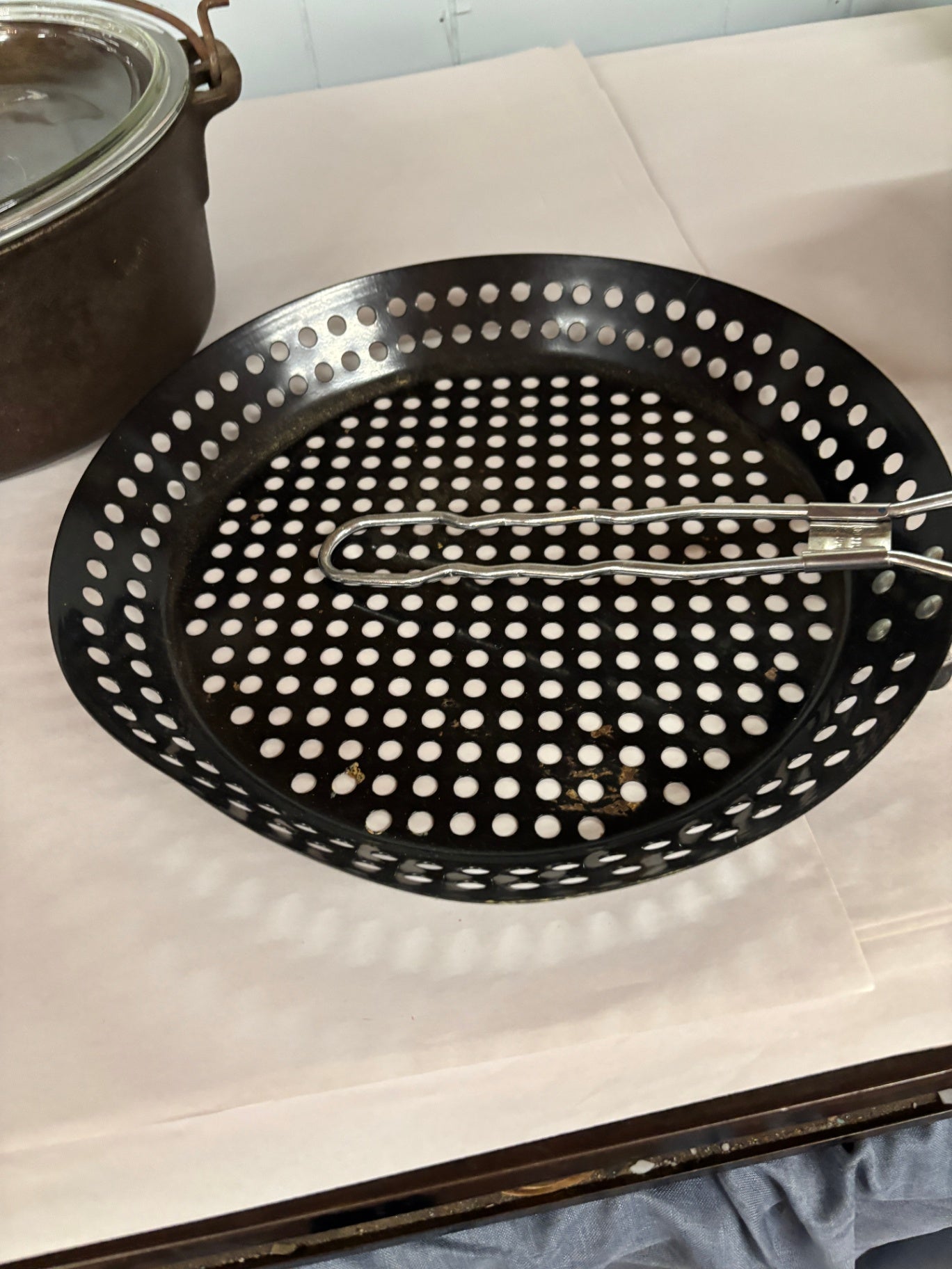 Vintage Black Enameled Perforated BBQ Grilling Basket with Removable Handle