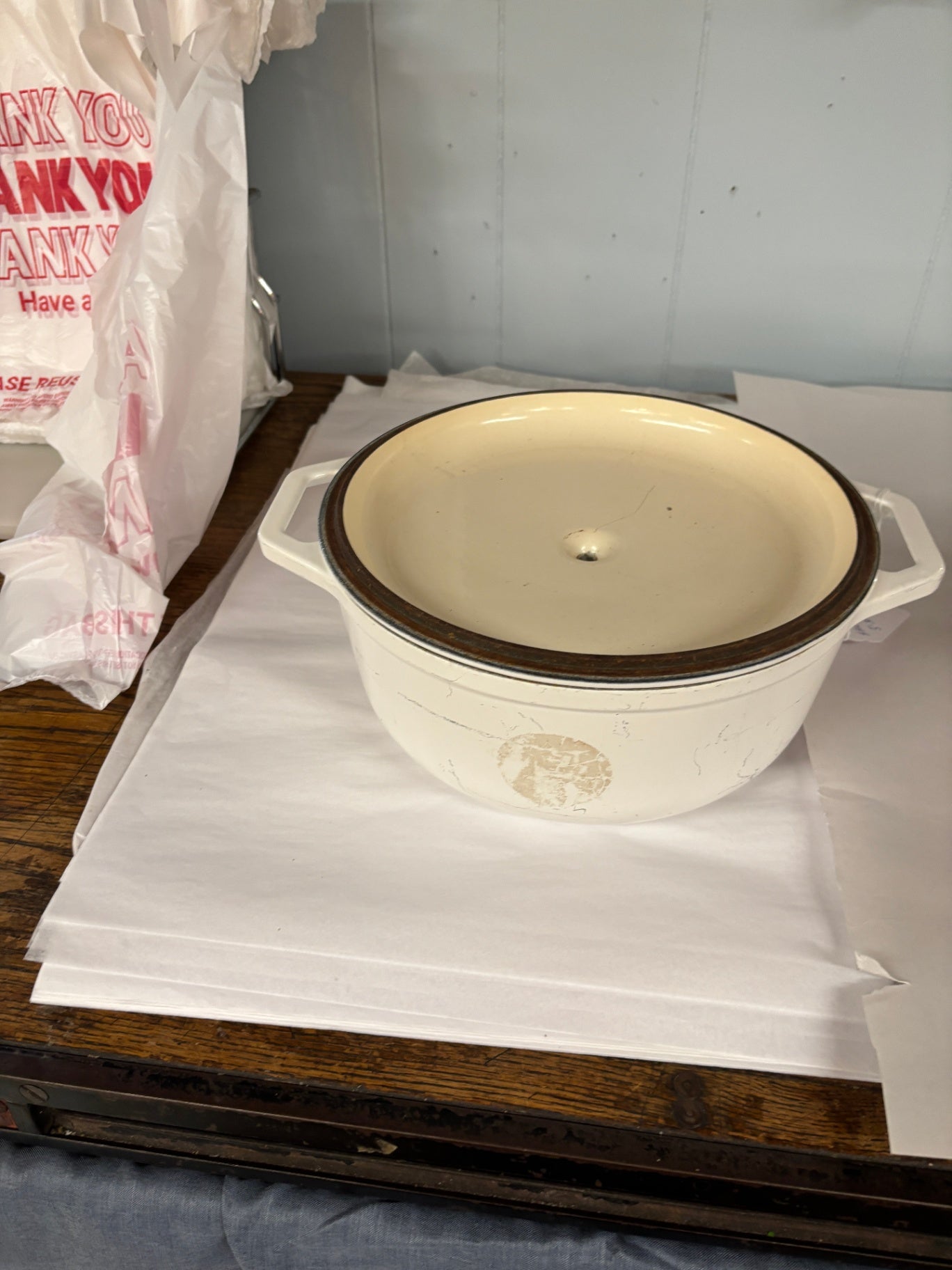 Vintage Stoneware Covered Casserole Dish – Cream Glaze with Brown Band Trim – Scandinavian Modern Style