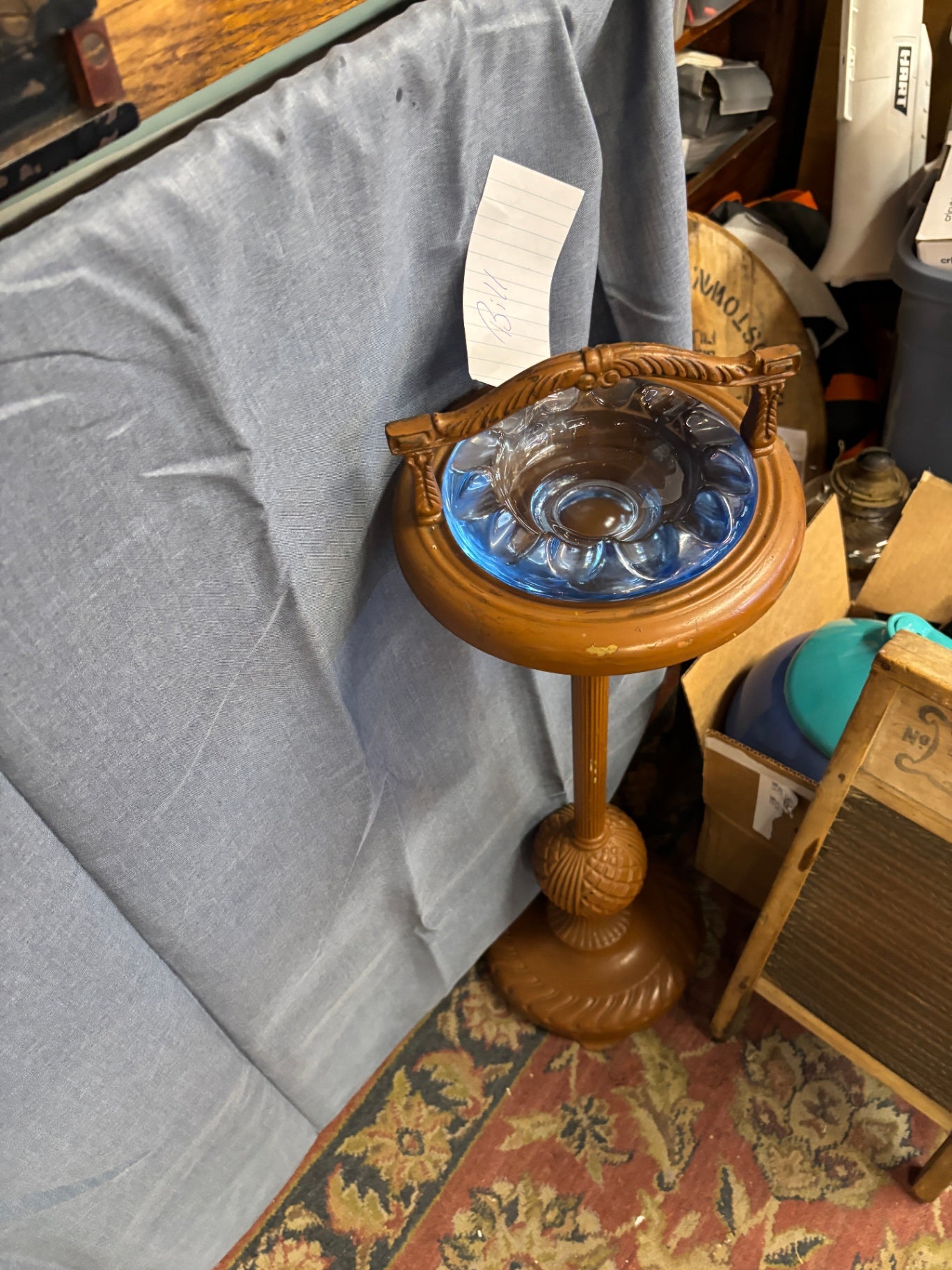 Vintage Mid-Century Standing Ashtray with Blue Glass Insert