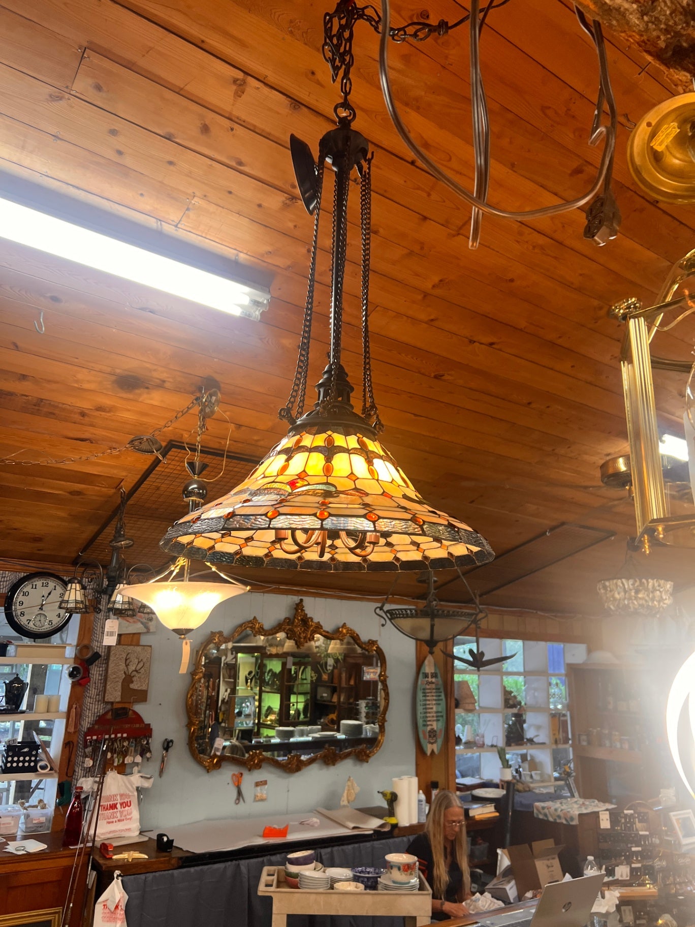 Beautiful Vintage Antique Tiffany Style Stained Glass Hanging 5 Light Ceiling Chandelier