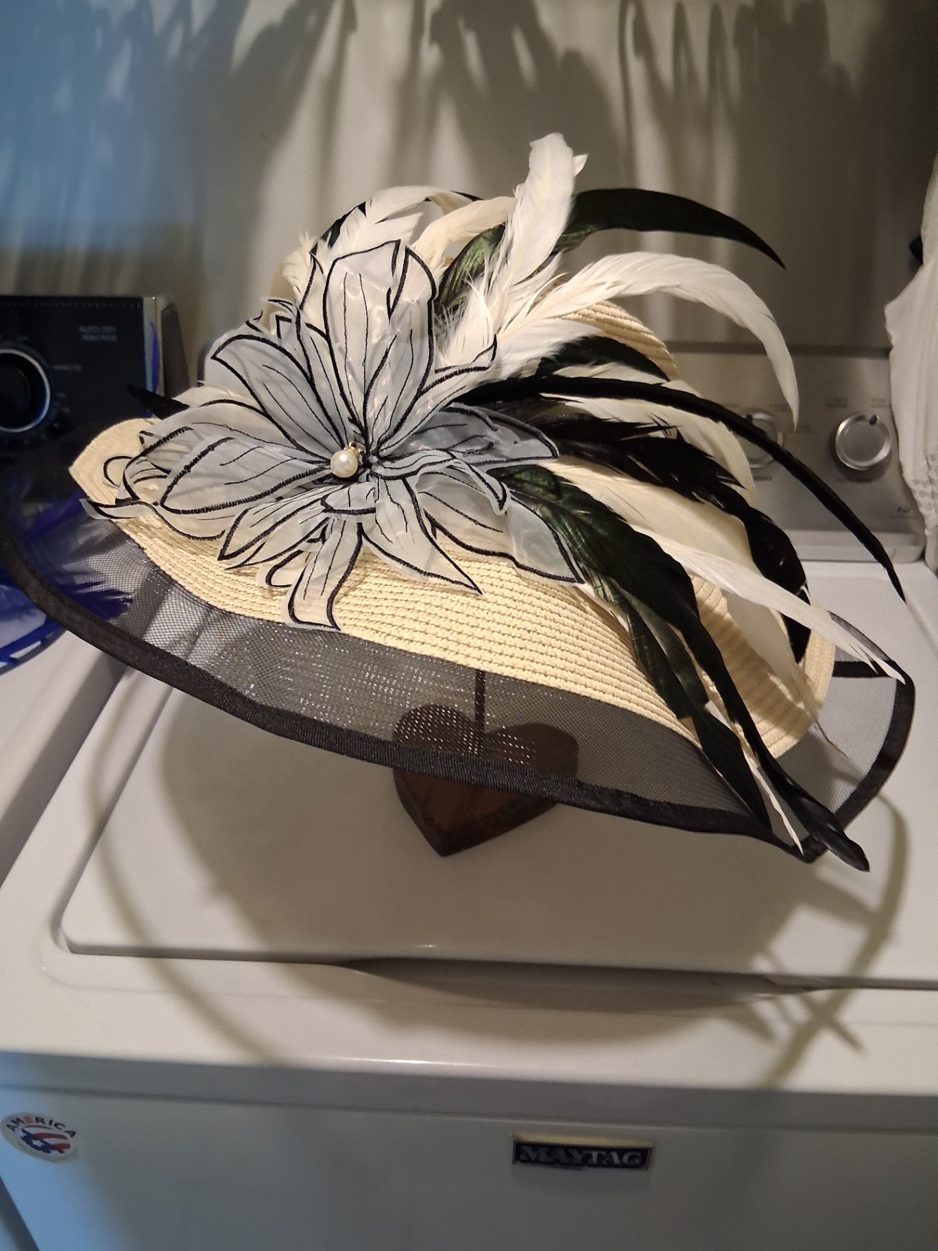 Hat blk/wht with feathers dsc