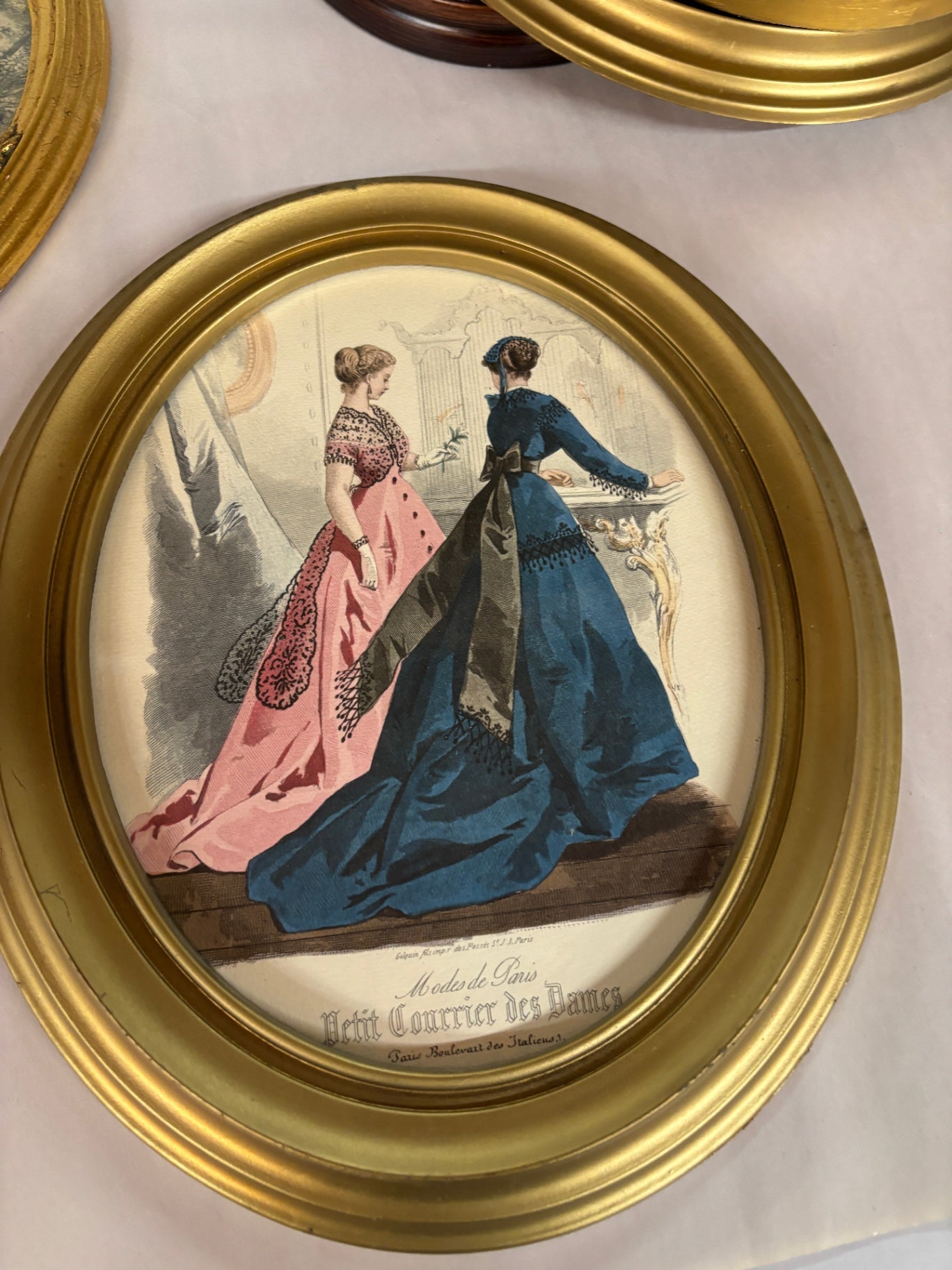 Antique French Fashion Plate Print Petit Courrier des Dames Paris Oval Gold Frame Victorian Ladies Dress Illustration