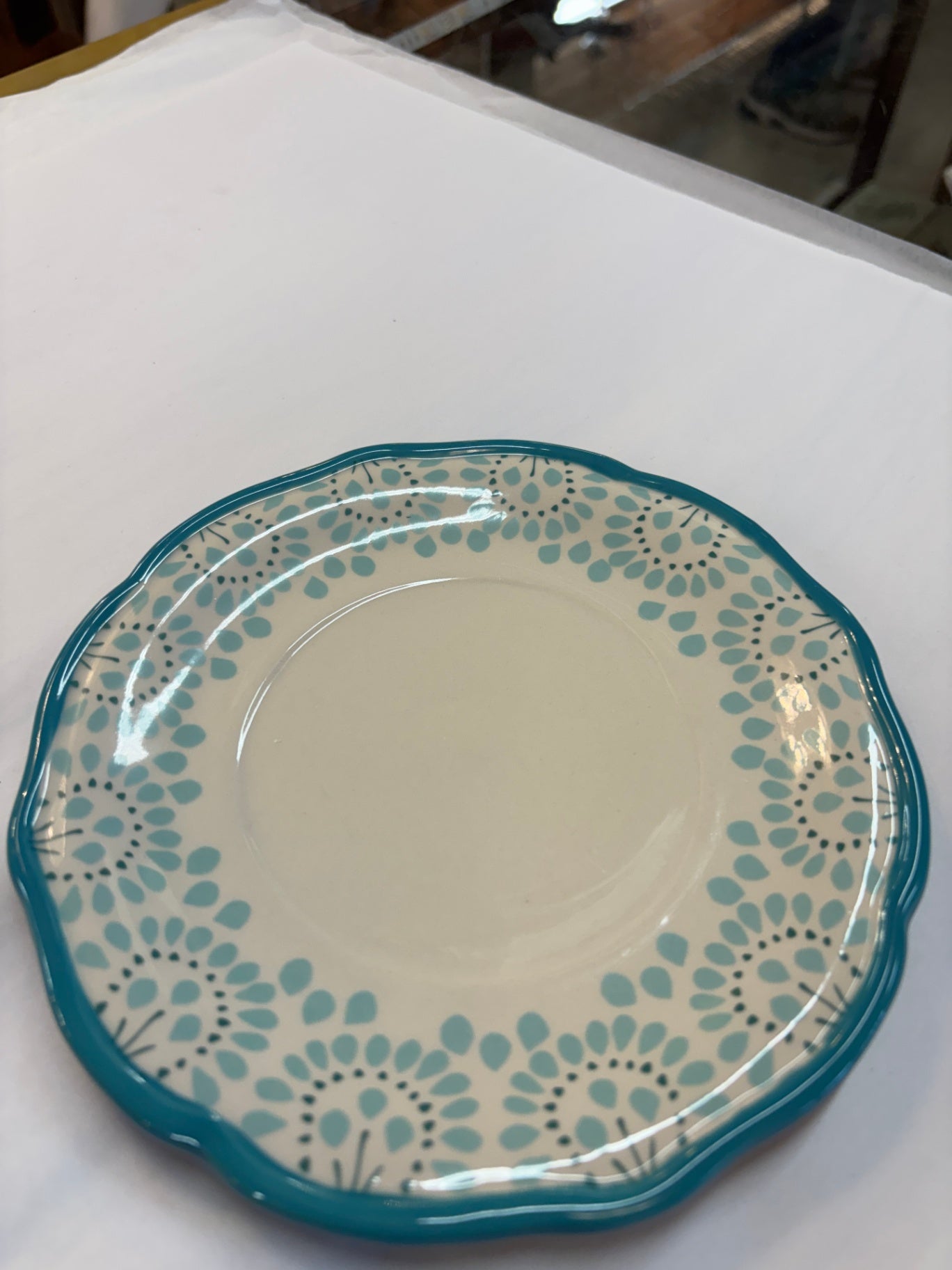 Vintage Teal Blue Floral Scalloped Dinner Plate