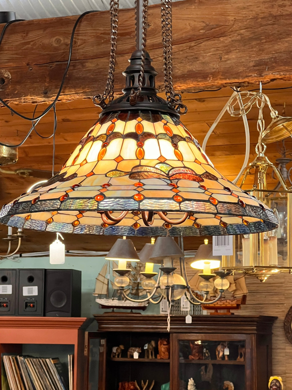 Beautiful Vintage Antique Tiffany Style Stained Glass Hanging 5 Light Ceiling Chandelier
