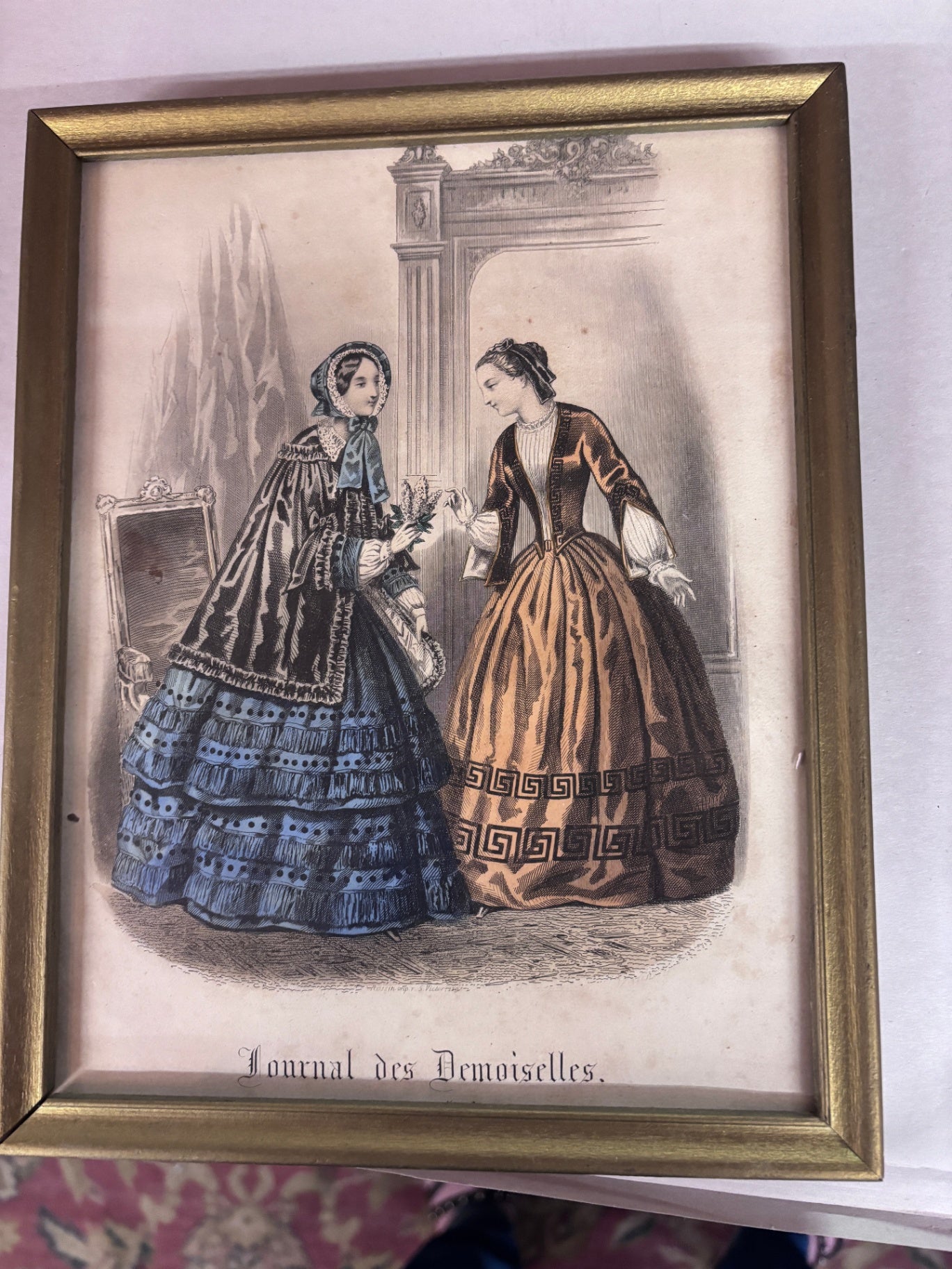Antique French Fashion Plate Print Journal des Demoiselles Hand-Colored Victorian Ladies Framed Engraving