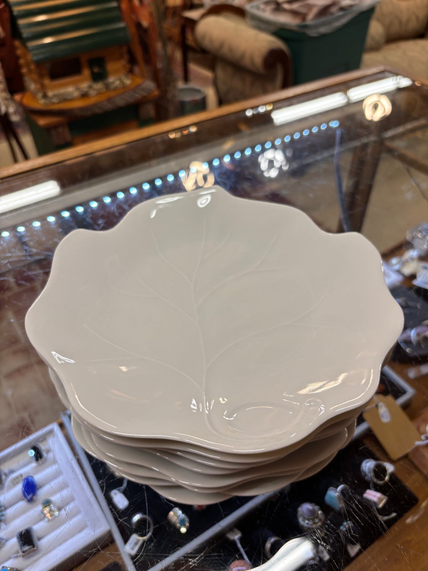Vintage White Leaf Embossed Ceramic Serving Bowl