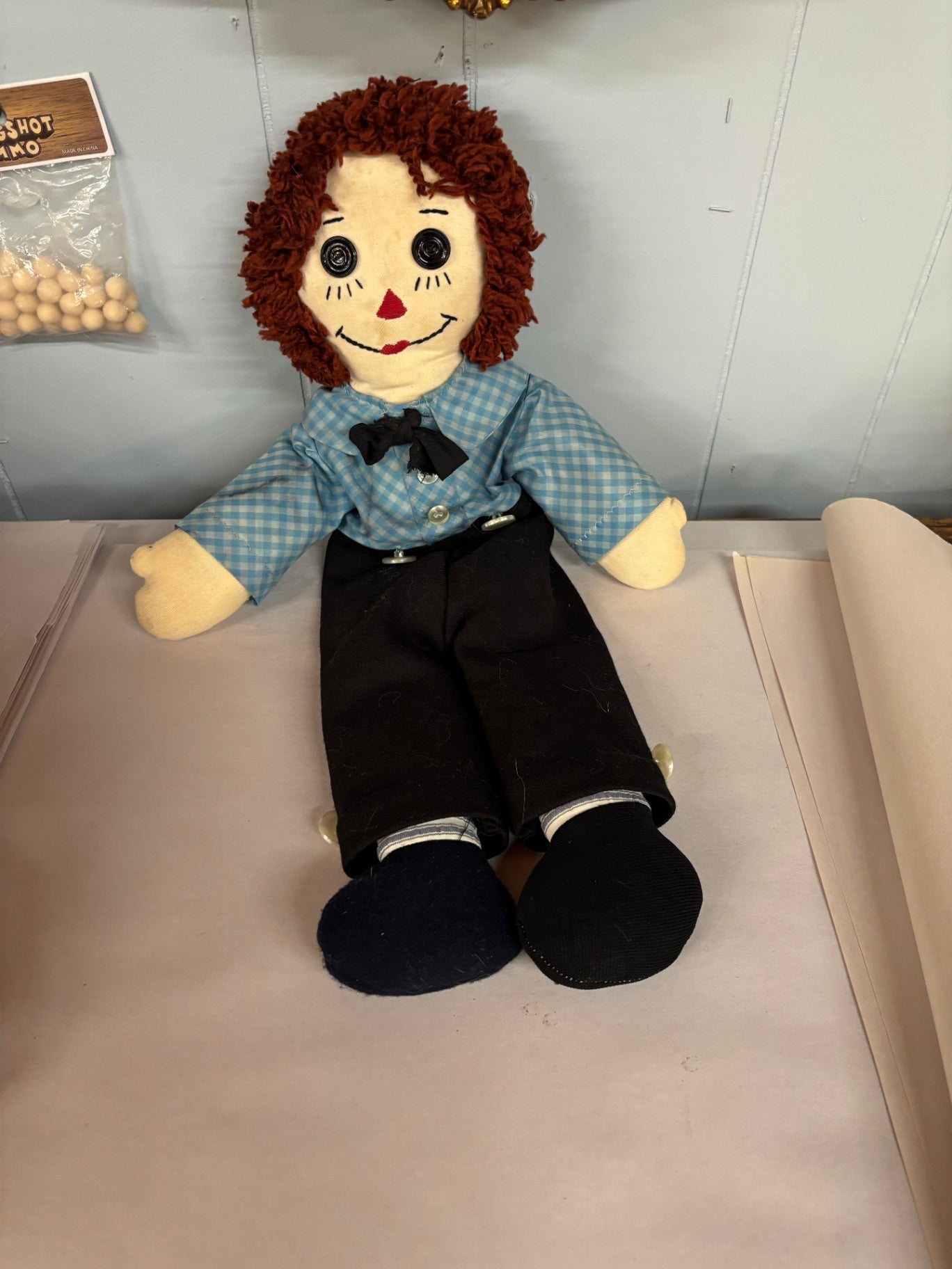 Vintage Handmade Rag Doll Boy with Yarn Hair & Button Eyes Folk Art Cloth Doll