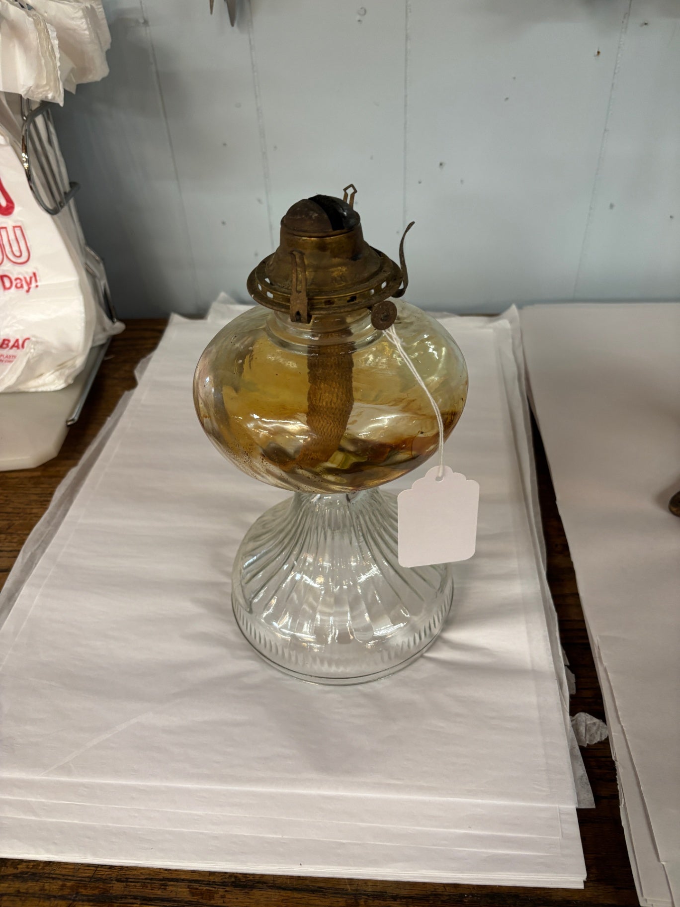 Antique Clear & Amber Glass Kerosene Oil Lamp with Brass Burner